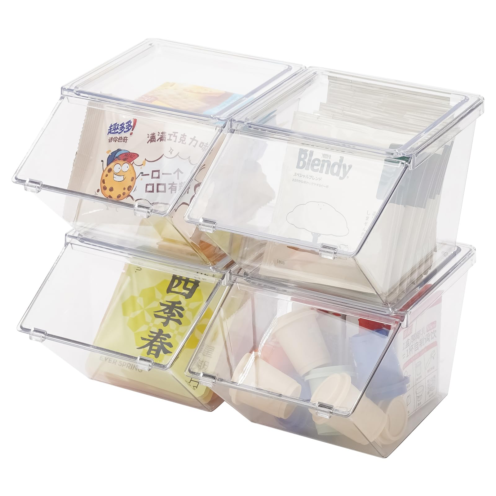 Stackable Acrylic Tea Bag & Coffee Pod Organizer - Large Capacity K Cup Holder with Lid, 4-Pack Desk Storage Box for Coffee, Tea & Snacks | Perfect for Kitchen, Office & Pantry Organization