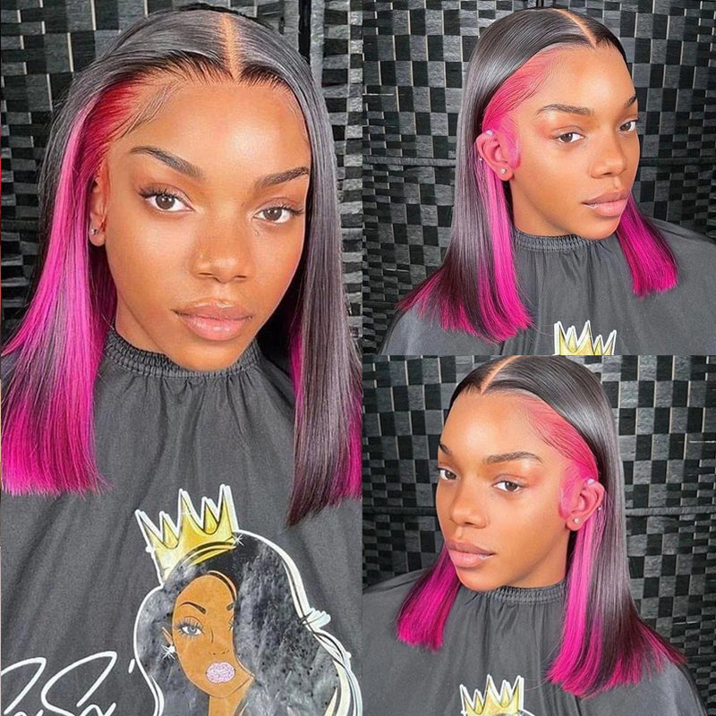 Eullair Peakaboo Highlights Colored Short Bob Wig - Inner Red/Pink/Blue/Green/Blonde Straight Human Hair Lace Frontal Wig for Cosplay, Halloween, Costume Parties & Daily Fashion