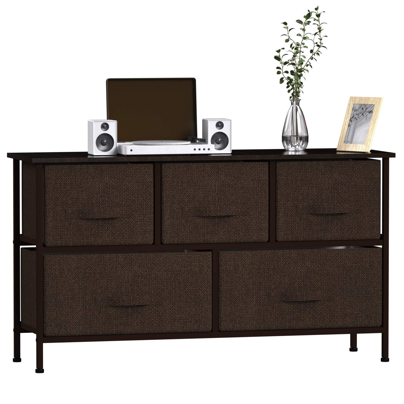 5-Drawer Fabric Dresser with Wood Top & Steel Frame - Sturdy Storage Organizer for Bedroom, Closet, Office, Entryway & Hallway - Easy Pull Bins for Clothes, Toys & Home Organization (Brown)