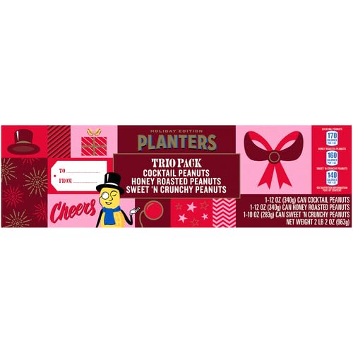 PLANTERS Peanuts Holiday Trio Pack - Sweet n Crunchy, Honey Roasted & Cocktail Peanuts Variety Snack Pack (3 Canisters) - Perfect for Office Snacks, Party Favors & Holiday Gifting