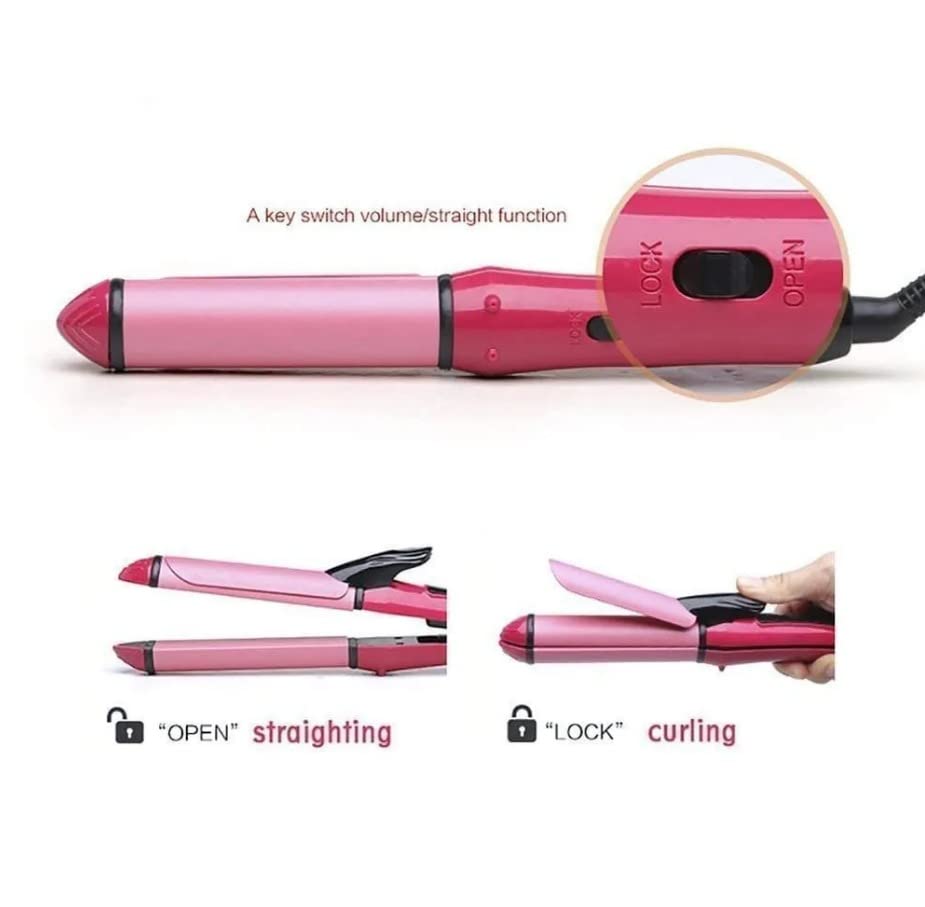 2 in 1 Hair Straightener & Curler for Women - Professional Flat Iron & Curling Wand Set with Adjustable Temperature (Pink) - Perfect for Home Use, Travel & Salon Styling