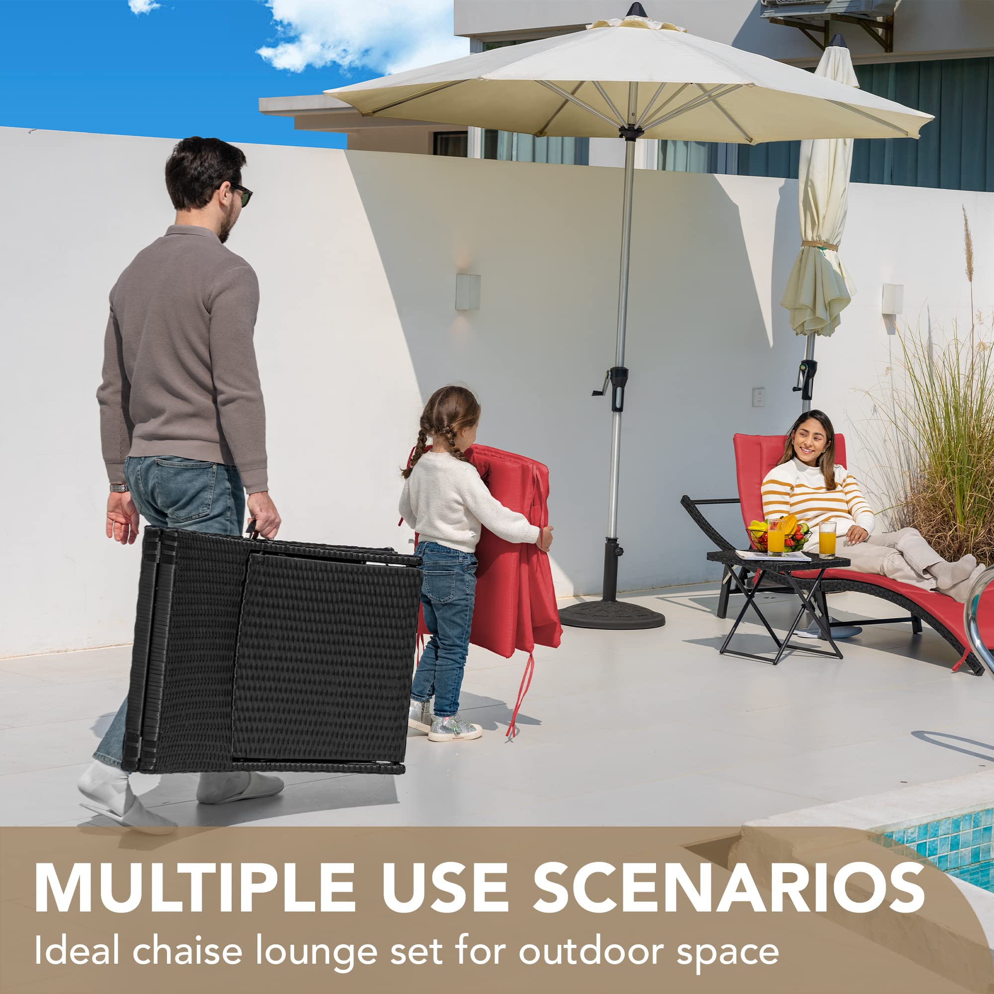 Devoko 3-Piece Outdoor Patio Chaise Lounge Set with Adjustable Back & Folding Table - Rattan Wicker Furniture with Cushions (Red) for Poolside, Garden, Backyard Relaxation