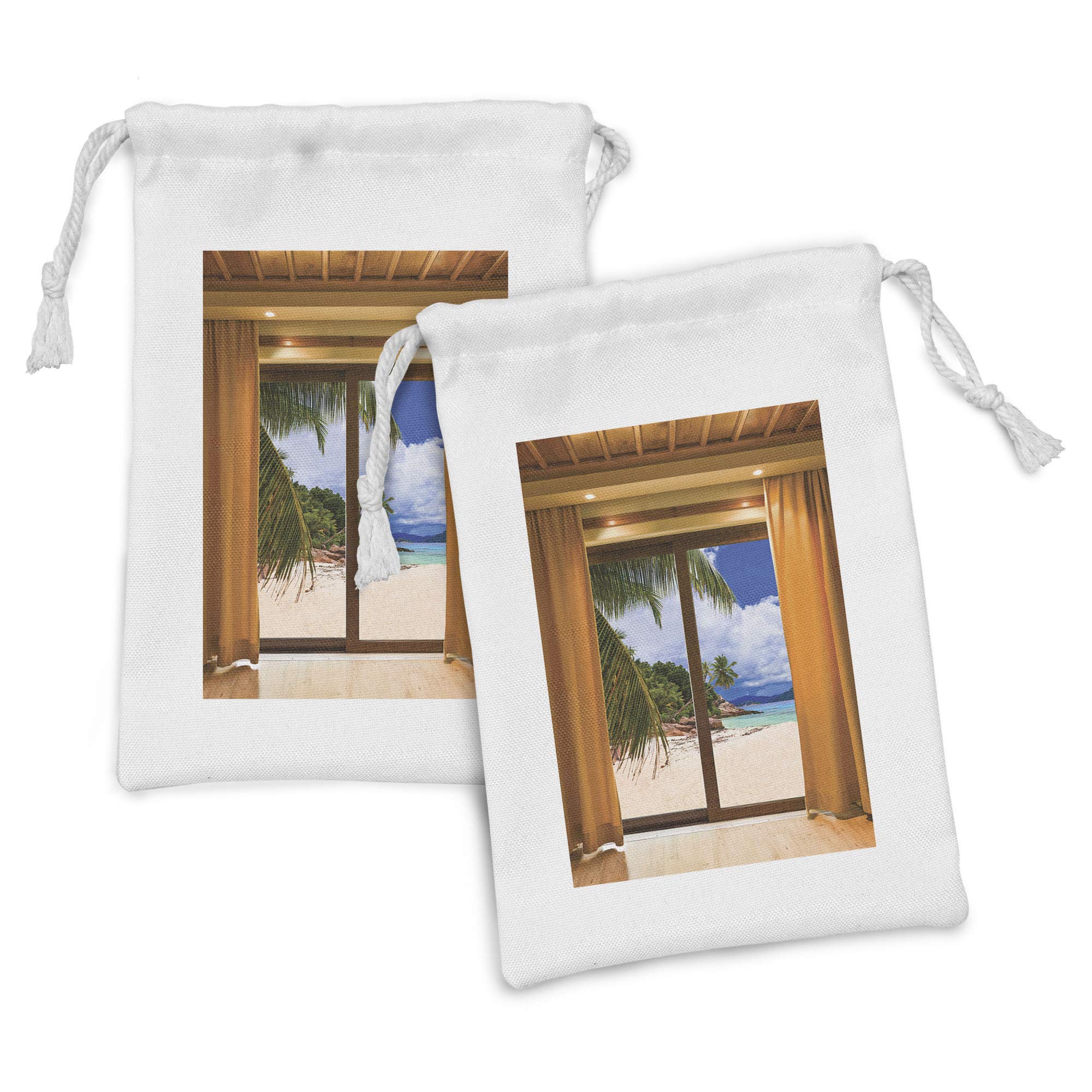 Ambesonne 2-Pack Beach Fabric Drawstring Pouch - Tropical Ocean View Window Design, 9