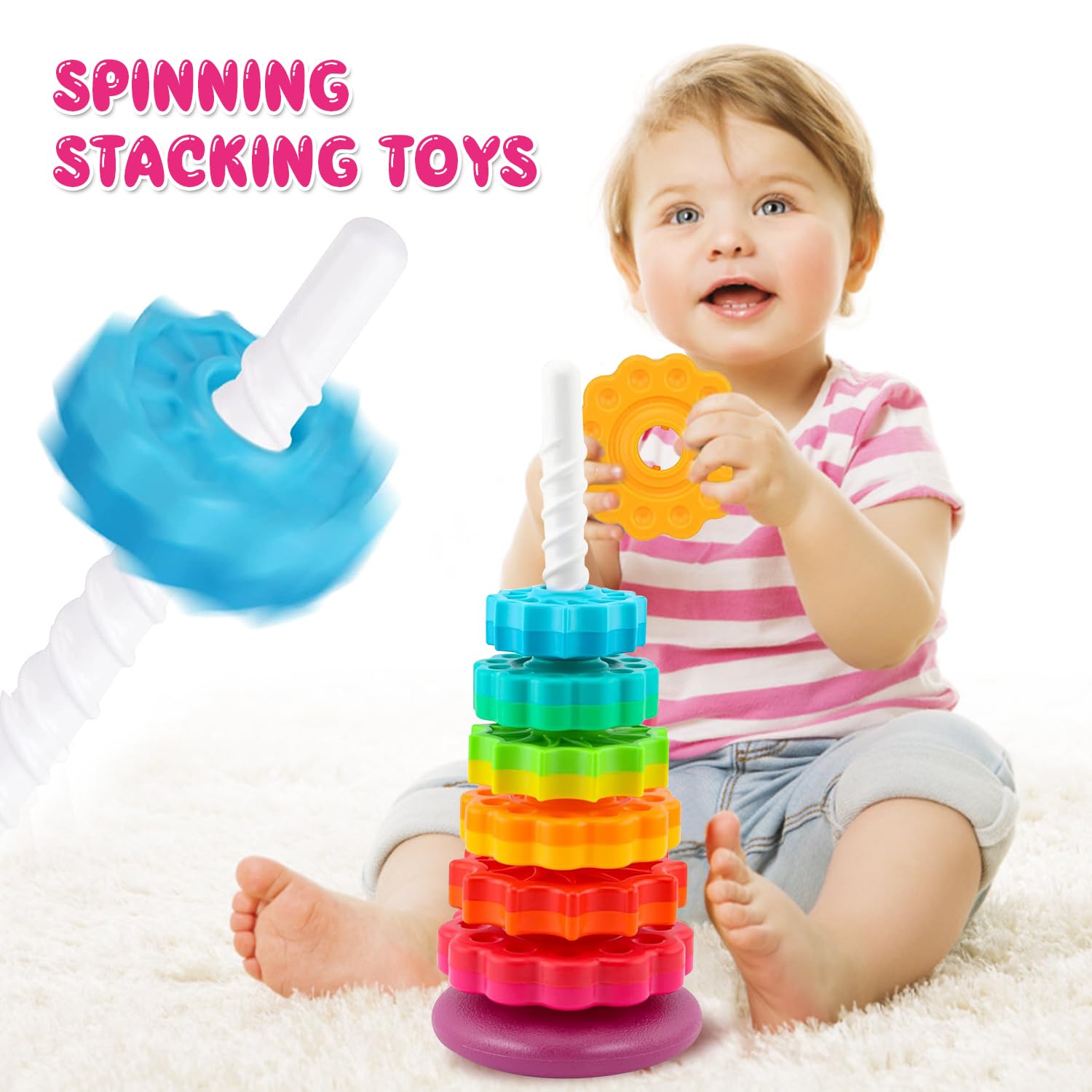 Rainbow Spinning Stacking Toys for Toddlers 1-3 Years - Montessori Sensory Learning Toys for Babies 12-36 Months - Autism Educational Toys for 1 2 3 Year Old Boys & Girls - Perfect Christmas Birthday Gift for Kids - Fun Developmental Play for Home, Daycare & Preschool