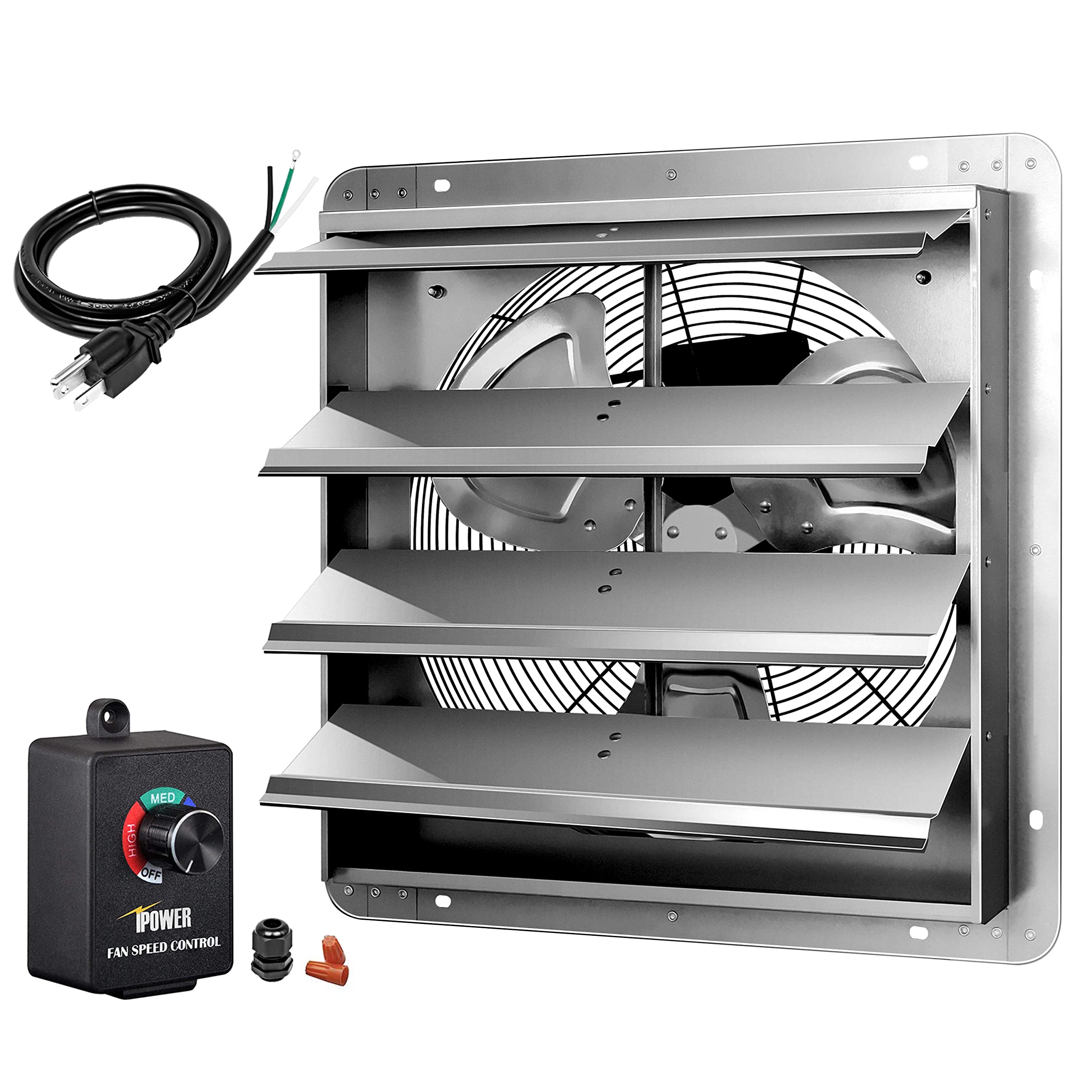 iPower 18 Inch Aluminum Wall Mounted Shutter Exhaust Fan - 1400 RPM, 2000 CFM with Speed Controller & Power Cord Kit - Perfect for Attic Ventilation, Garage Cooling, Greenhouse Airflow & Plant Grow Rooms (Silver)
