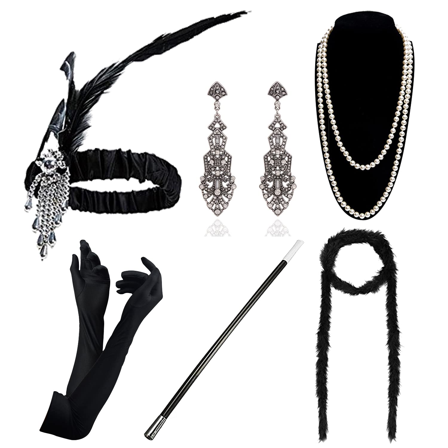 1920s Gatsby Flapper Accessories Set - Feather Headband, Vintage Earrings & Gloves - Perfect for Roaring 20s Costume Parties, Themed Events & Halloween Outfits