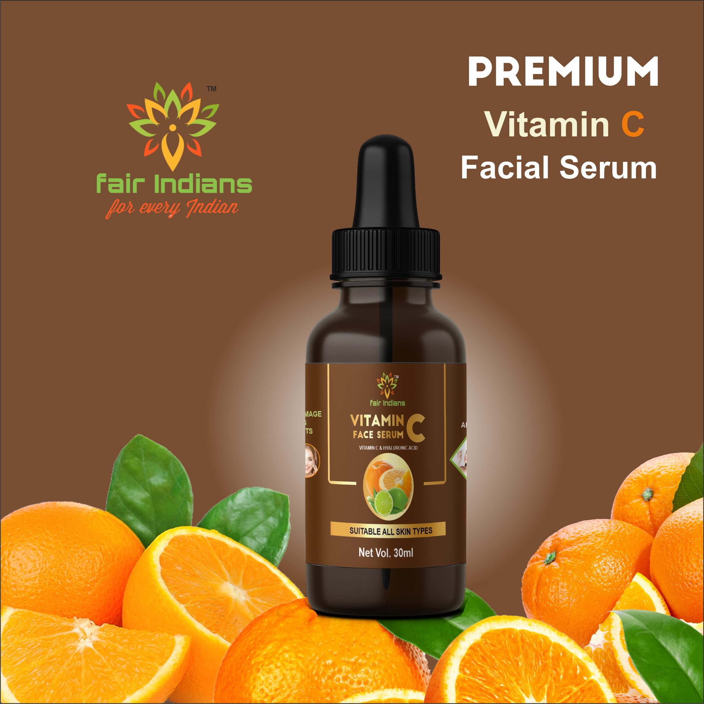 Fair Indian Vitamin C Face Serum with Hyaluronic Acid - Brightening & Hydrating Skincare (60ml) for Glowing Skin | Day & Night Use for All Skin Types