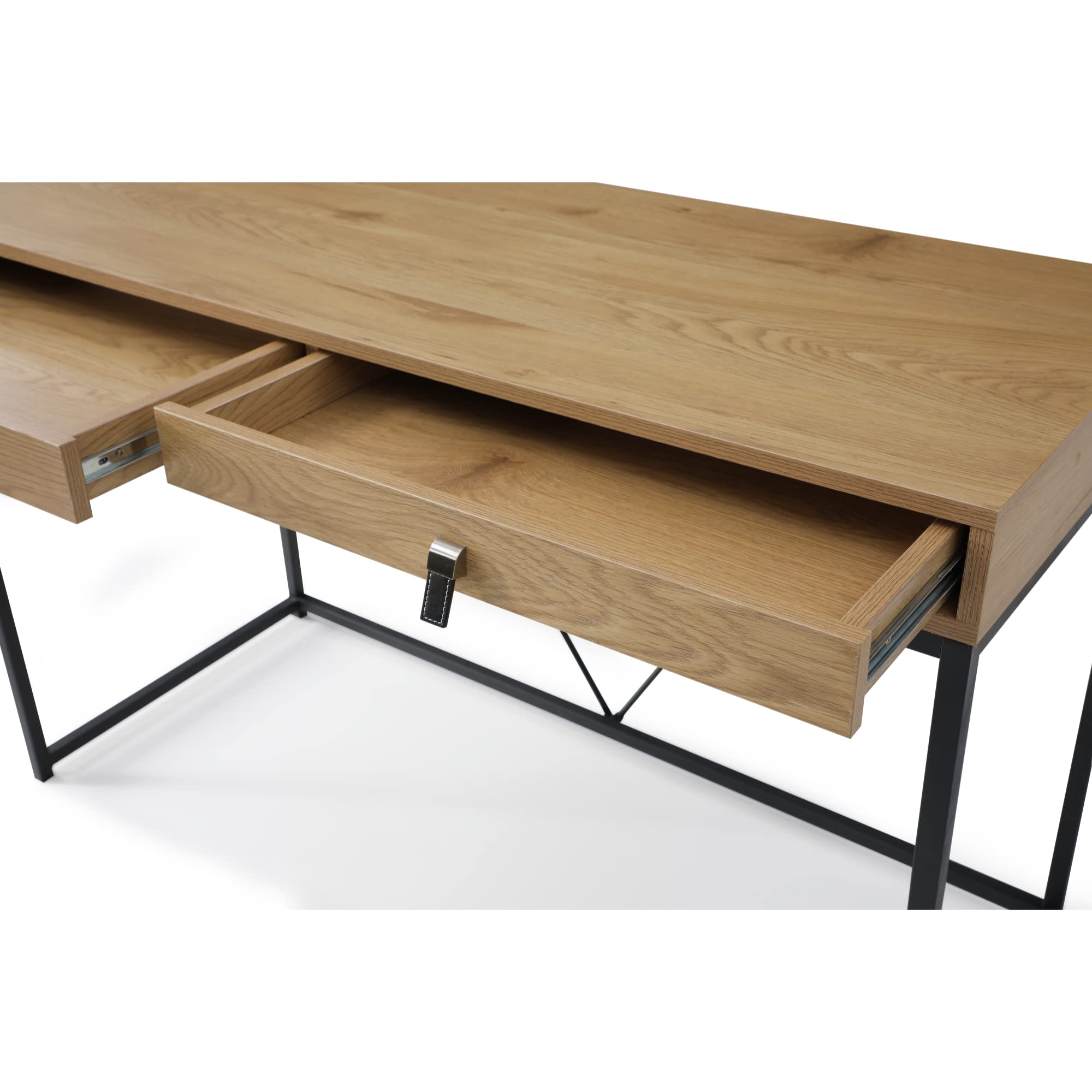 Scarlette Writing Desk with 2 Storage Drawers & Leather Handles - Natural/Black Finish | Home Office Furniture for Small Spaces, Study Desk for Students & Remote Workers