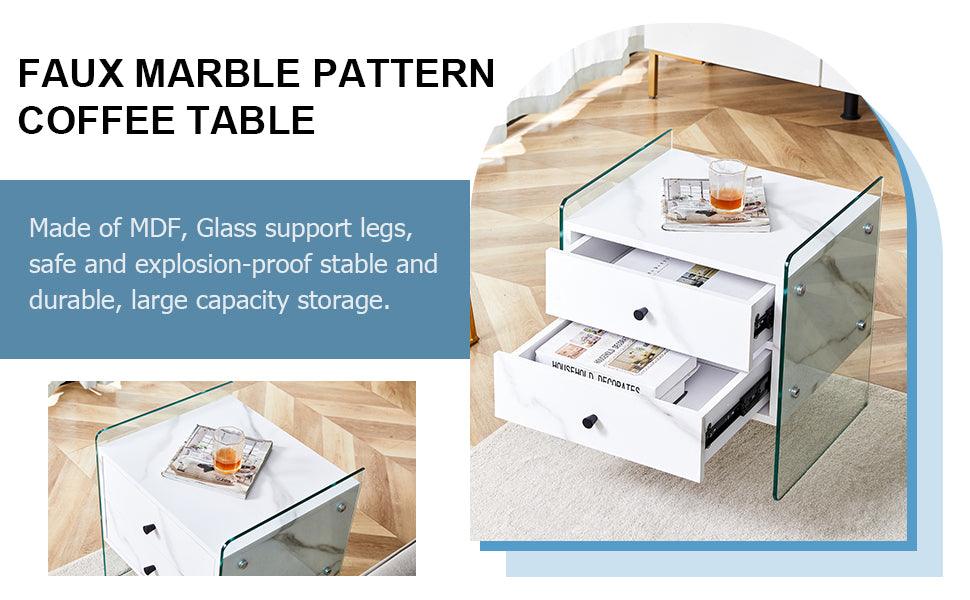 Modern Double Drawer Bedside Table with MDF Sticker Surface & Tempered Glass Sides - Simple Elegant Design, Excellent Storage for Bedroom, Living Room, or Office Use