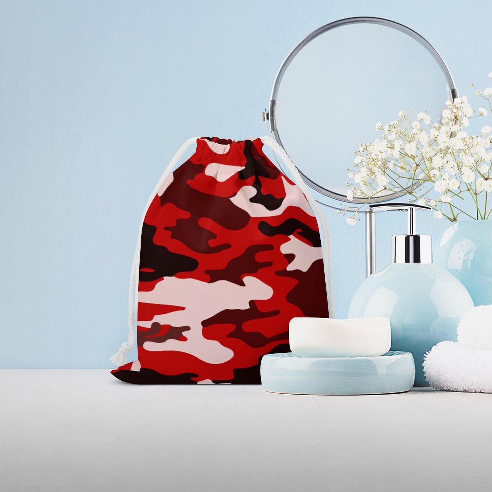 Red & Black Camouflage Cute Muslin Drawstring Bags - Small Reusable Gift Pouches for Jewelry, Party Favors & Storage | Eco-Friendly Canvas Gift Bags for Weddings, Birthdays & Holidays