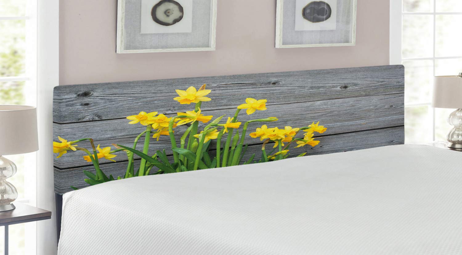 Ambesonne Yellow Flower Headboard - Rustic Daffodil Bouquet on Wood Planks, Upholstered Metal Bed Frame with Memory Foam, King Size in Yellow & Grey | Perfect for Country Style Bedrooms, Farmhouse Decor & Cozy Home Makeovers
