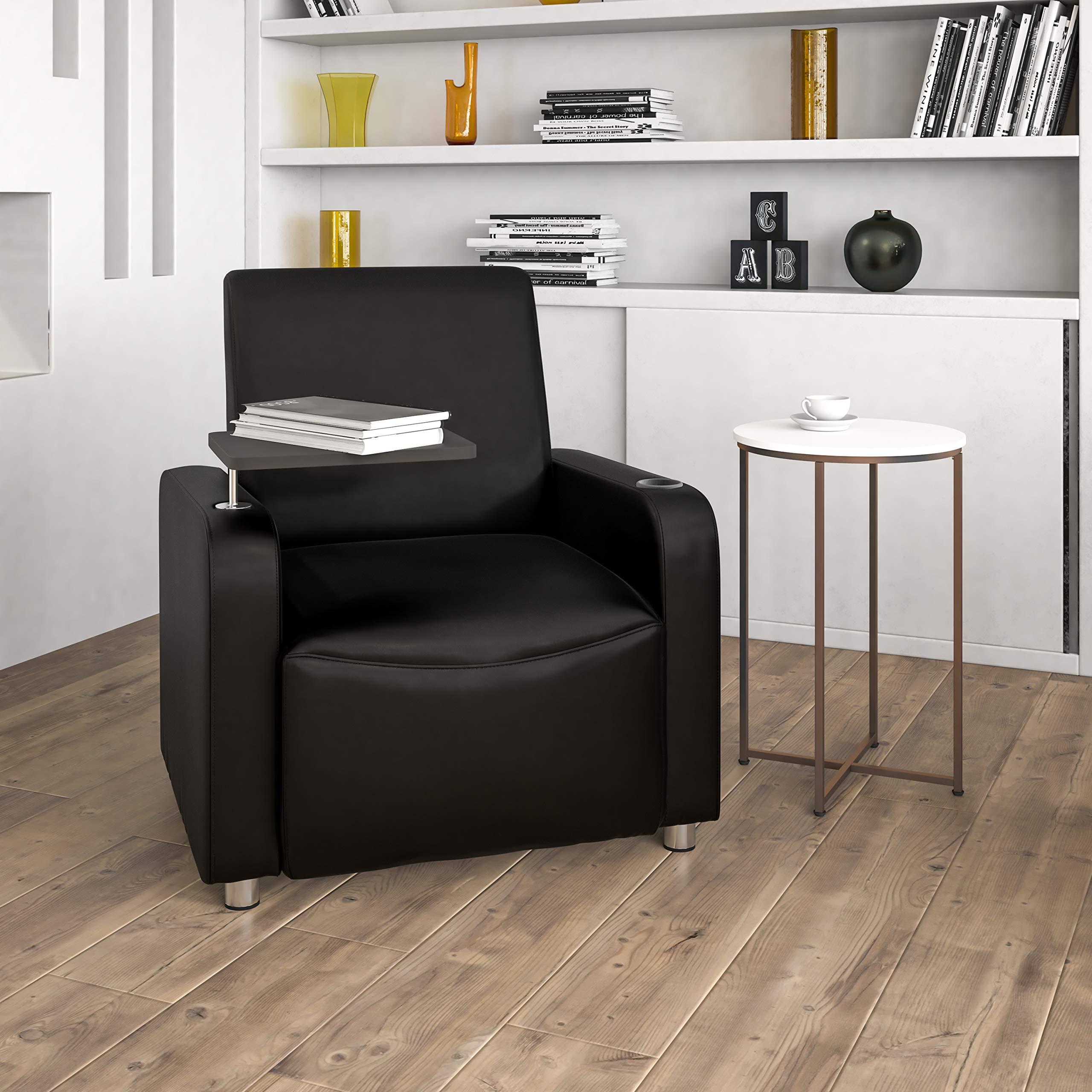 Premium Black LeatherSoft Tablet Arm Chair with Chrome Legs & Cup Holder - Ergonomic Office Chair for Home & Business Use, Perfect for Conference Rooms, Waiting Areas & Study Spaces