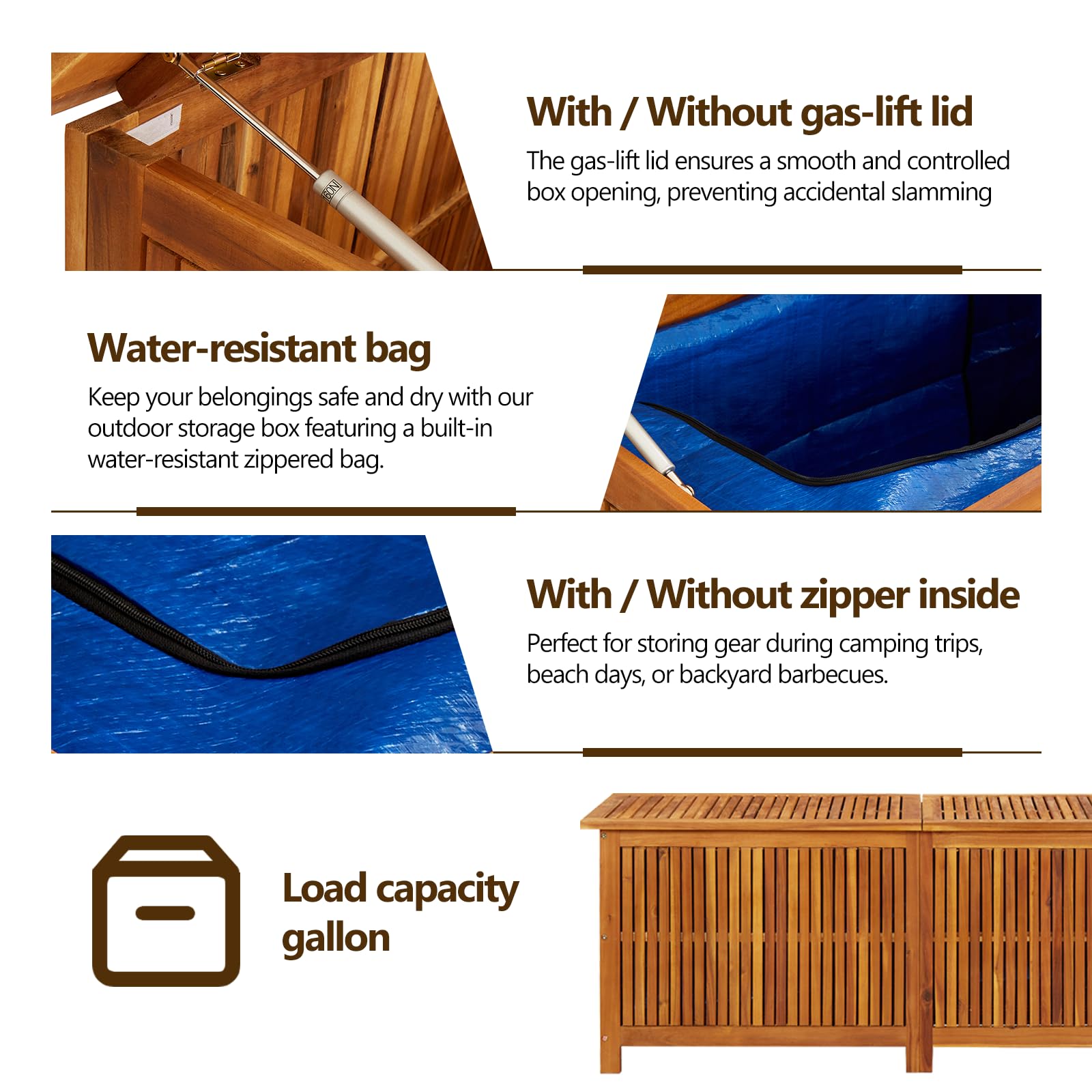 vidaXL Outdoor Storage Box - 59.1''x19.7''x22.8'' Deck Box with Gas-Lift Lid & Waterproof Zippered Bag - Solid Acacia Wood Patio Furniture - Perfect for Garden, Poolside & Backyard Storage