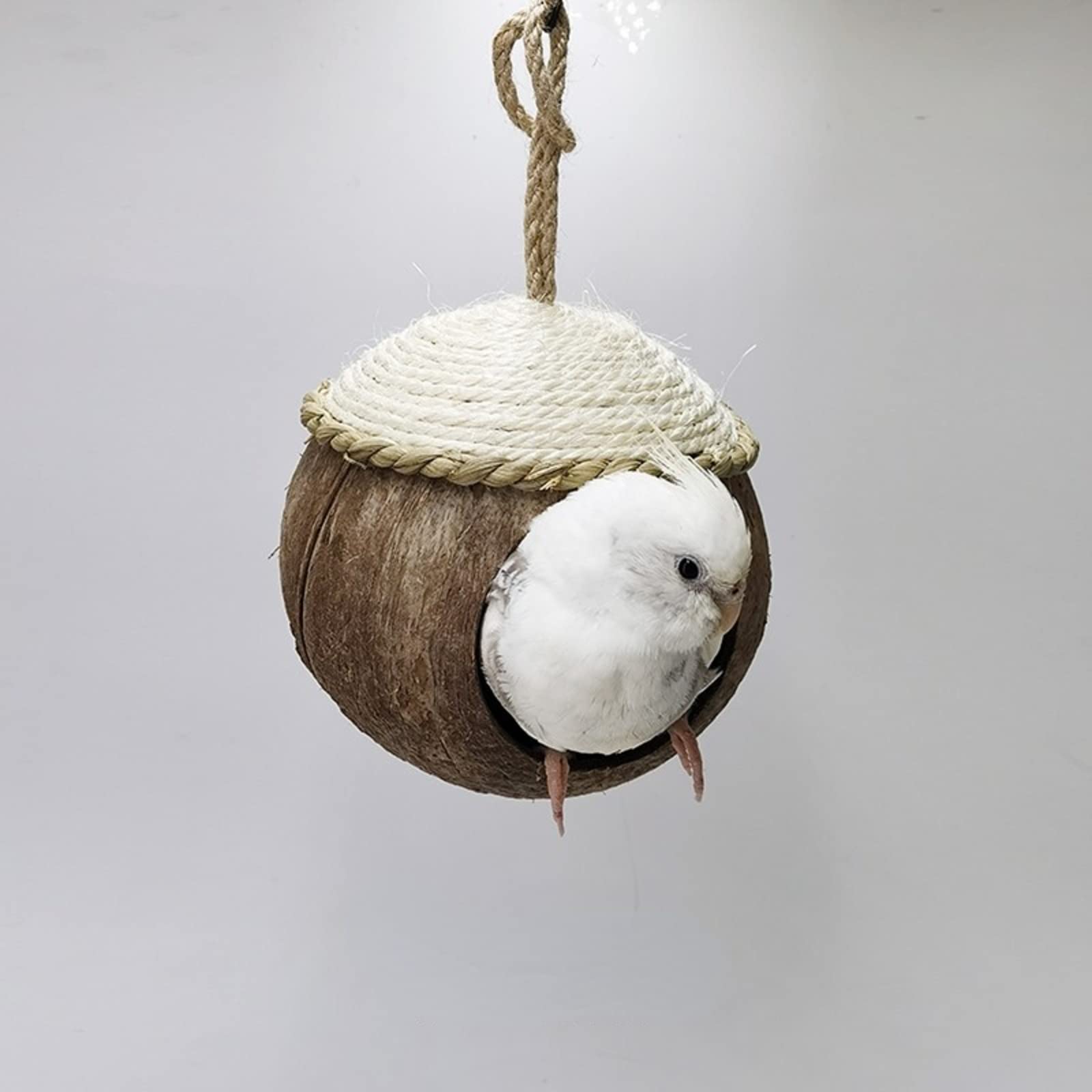 Natural Coconut Shell Bird Nest House - Handmade Simulation Birdhouse for Parakeets, Canaries & Small Birds - Eco-Friendly Grass & Straw Rope Design - Perfect for Cage Decoration & Bird Breeding