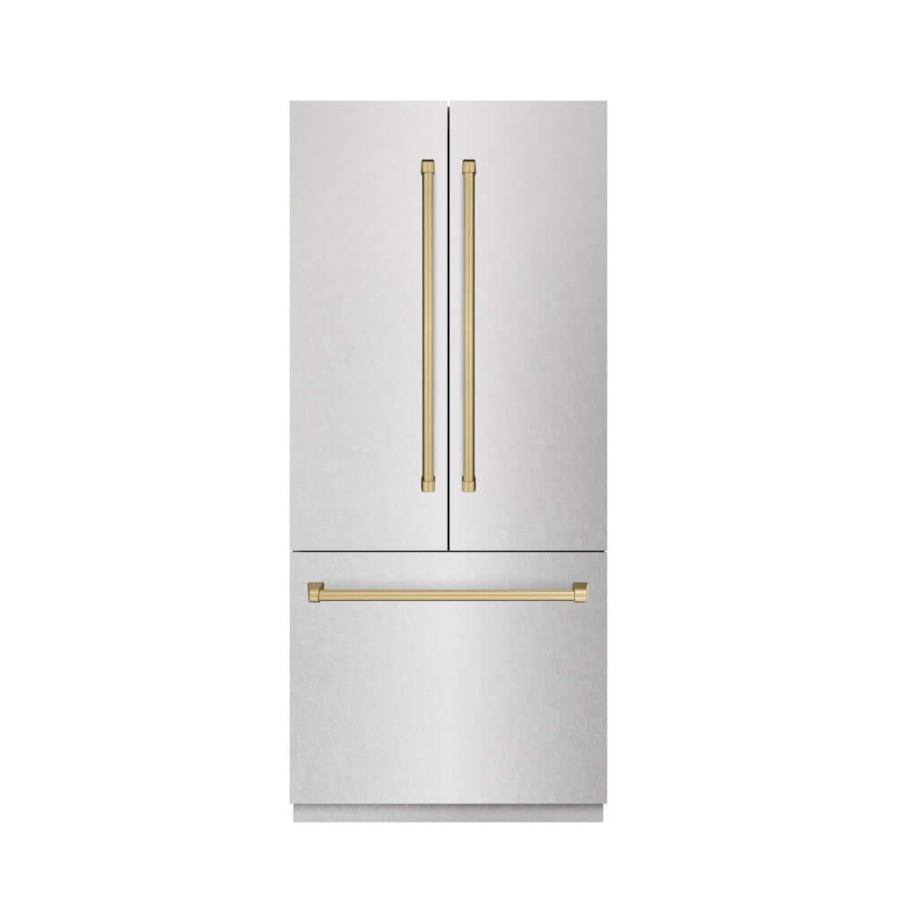 ZLINE Autograph Edition 36 Inch French Door Built-In Bottom Freezer Refrigerator - 19.6 cu.ft Capacity, Water Dispenser & Ice Maker - Satin Stainless Steel with Graphite Gray Interior & Champagne Bronze Accents (GRBIVZ SN 36 CB) - Perfect for Modern Kitchens, Open-Concept Homes & Luxury Appliances Collection