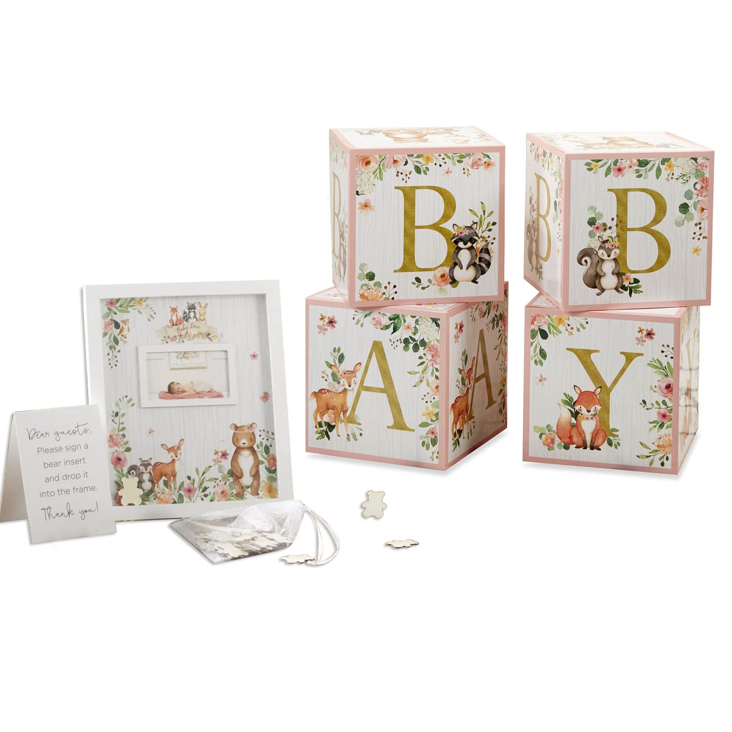 Kate Aspen Woodland Baby Shower Guest Book Alternative - Pink Frame with 30 Wooden Bears, Baby Boxes & Letters - Perfect for Baby Shower Sign-in Decor & Nursery Keepsake