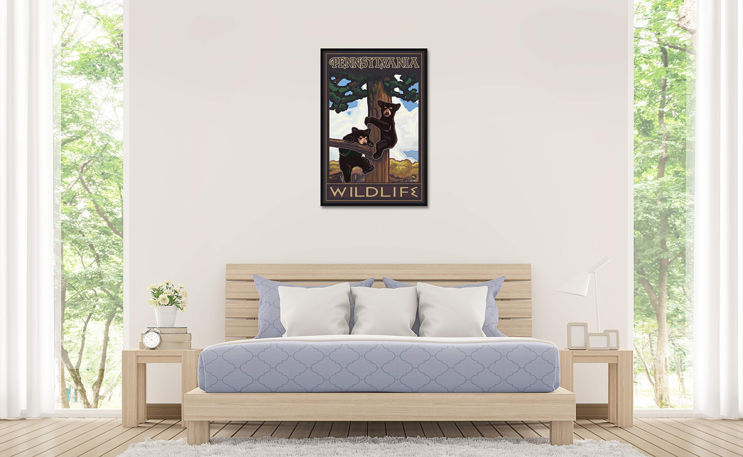 Paul A. Lanquist Pennsylvania Two Bears Tree Framed Canvas Wall Art - 24x36 Inch Giclee Print for Living Room, Bedroom & Office Decor - Nature Landscape Painting for Home & Office Interior Design
