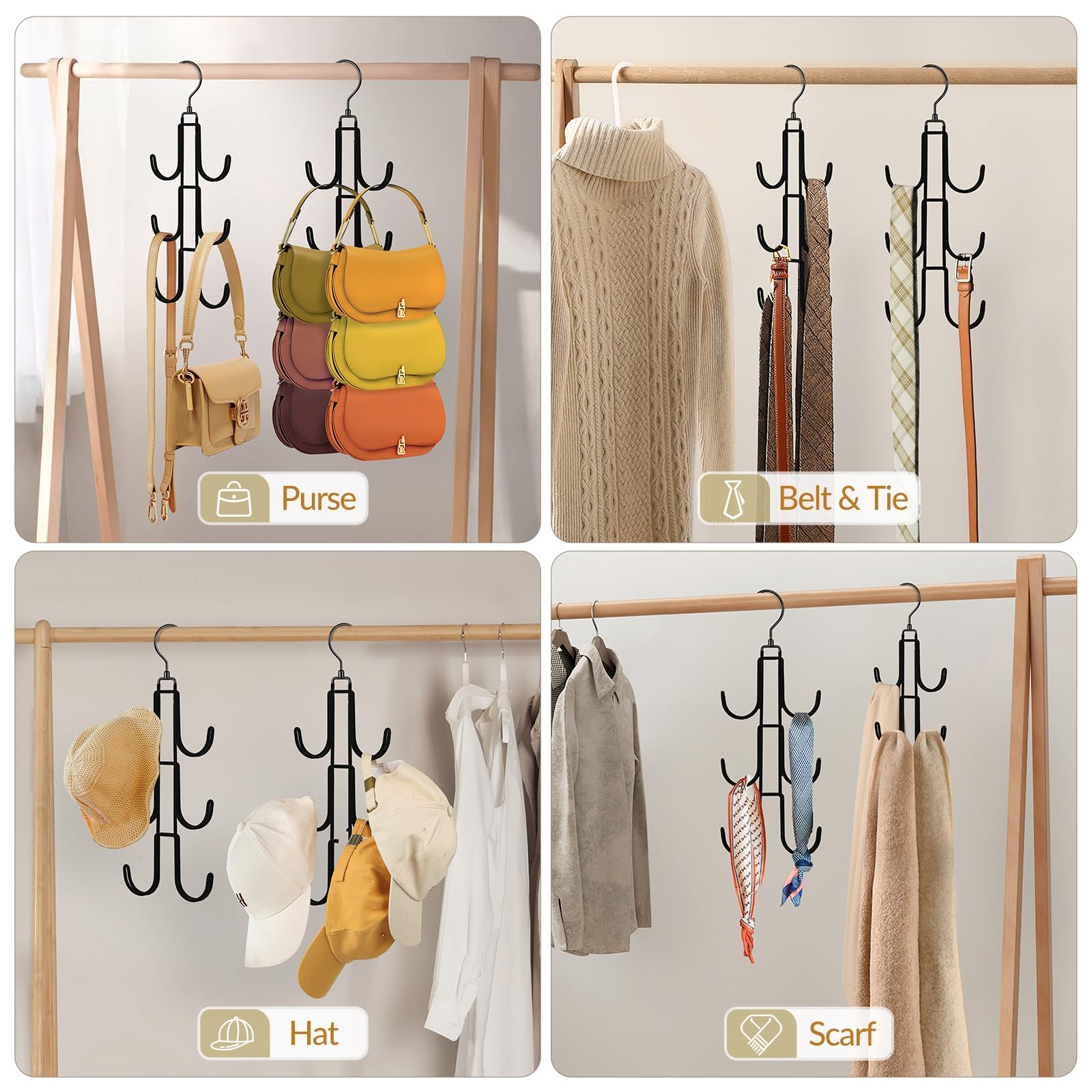 360 Degree Swivel Purse Hanger Organizer - Velvet Handbag Storage Hook with Metal Hanging Rack (2-Pack, Black) | Space-Saving Closet Organizer for Purses, Bags & Accessories | Perfect for Bedroom, Closet & Entryway Organization