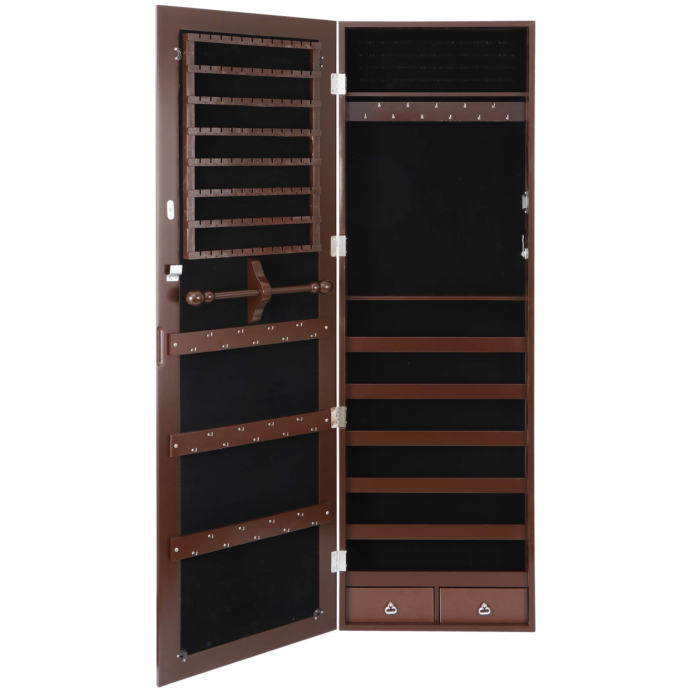 ZenStyle Lockable Jewelry Armoire with Mirror & Drawers - Wall/Door Mounted Jewelry Organizer Cabinet for Bracelets, Rings, Necklaces, Earrings, Watches & Accessories - Perfect for Bedroom, Closet & Dressing Room Organization (Brown)