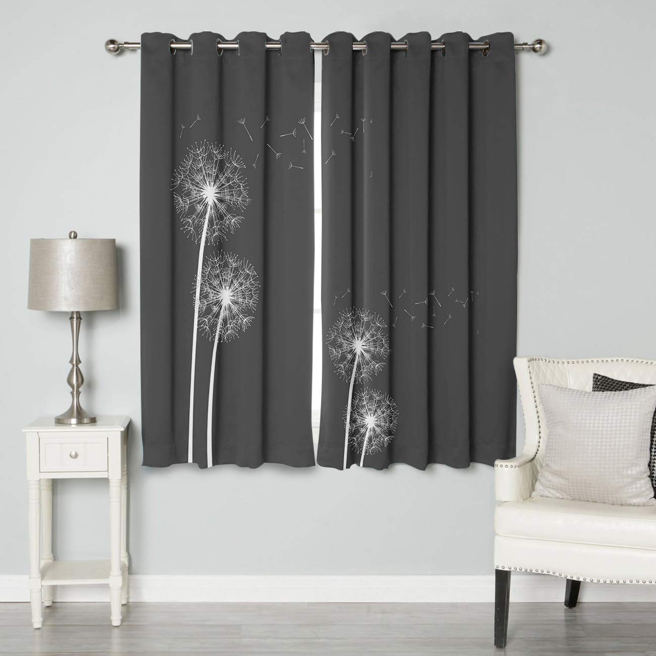 Floral Thermal Insulated Curtains for Living Room & Bedroom - 52x72 Inch Grommet Top Drapes, 2 Panel Set in Dandelion Grey White Artwork - Energy Saving Window Treatment for Home Decor & Temperature Control