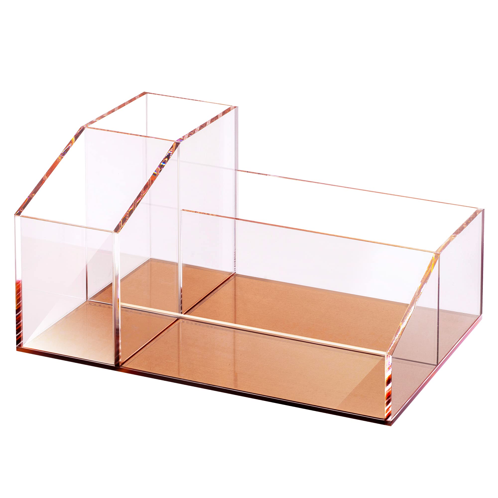 Clear Acrylic Makeup Brush Holder with Rose Gold Base - 4 Compartment Cosmetic Organizer for Vanity, Bathroom & Office Desk - Perfect for Makeup Storage, Classroom Supplies & Home Organization Accessories