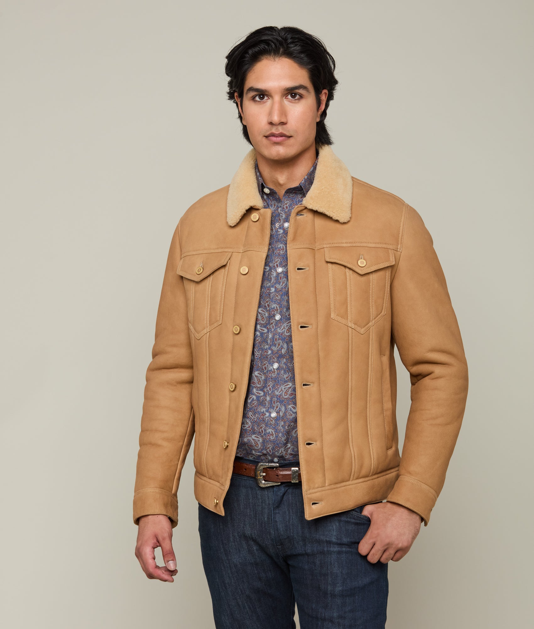 Kyle Shearling Trucker Jacket - Natural Brown Distressed Leather Jacket for Men | Winter Fashion, Motorcycle Riding, Casual Outfit