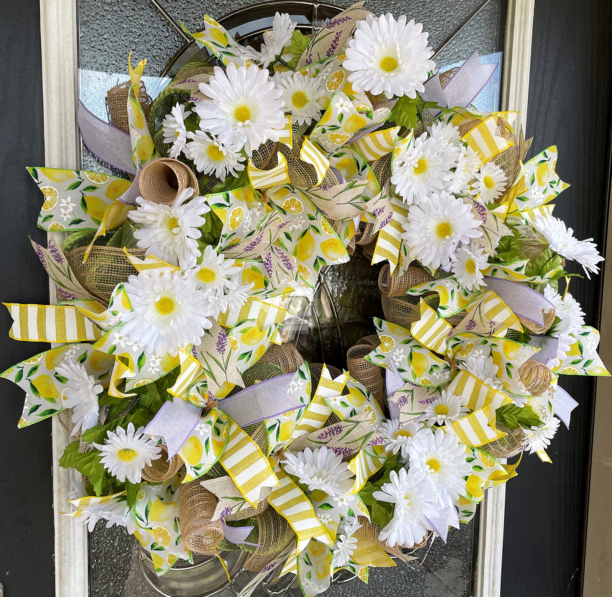 XL Lavender Lemon & Daisy Spring Summer Mesh Wreath - Handmade Front Door Porch Decor, Unique Home Gift for Women - Perfect for Easter, Mother's Day & Housewarming Parties