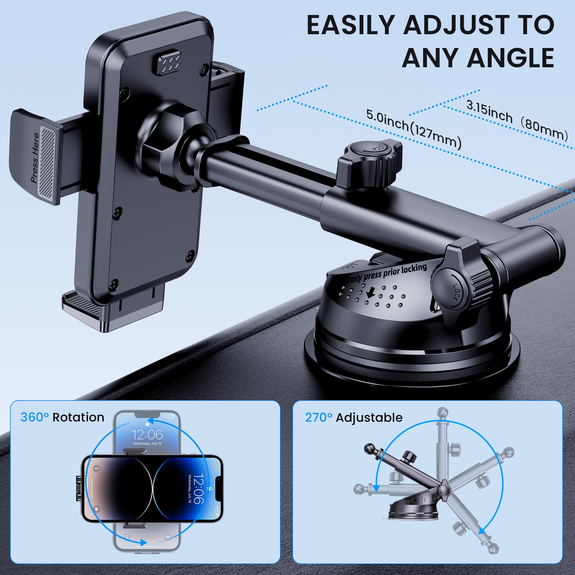 Universal Car Phone Holder Mount - Dashboard & Windshield Phone Stand for iPhone & Android - Hands-Free Driving Accessories - Perfect for Commuting, Road Trips & GPS Navigation