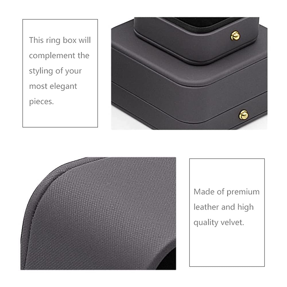 Premium Dark Black Gray Square Leather Velvet Engagement Ring Box - Vintage Single Slot Ring Bearer Box for Proposal, Wedding, Ceremony & Anniversary - Perfect Gift for Romantic Moments & Special Occasions