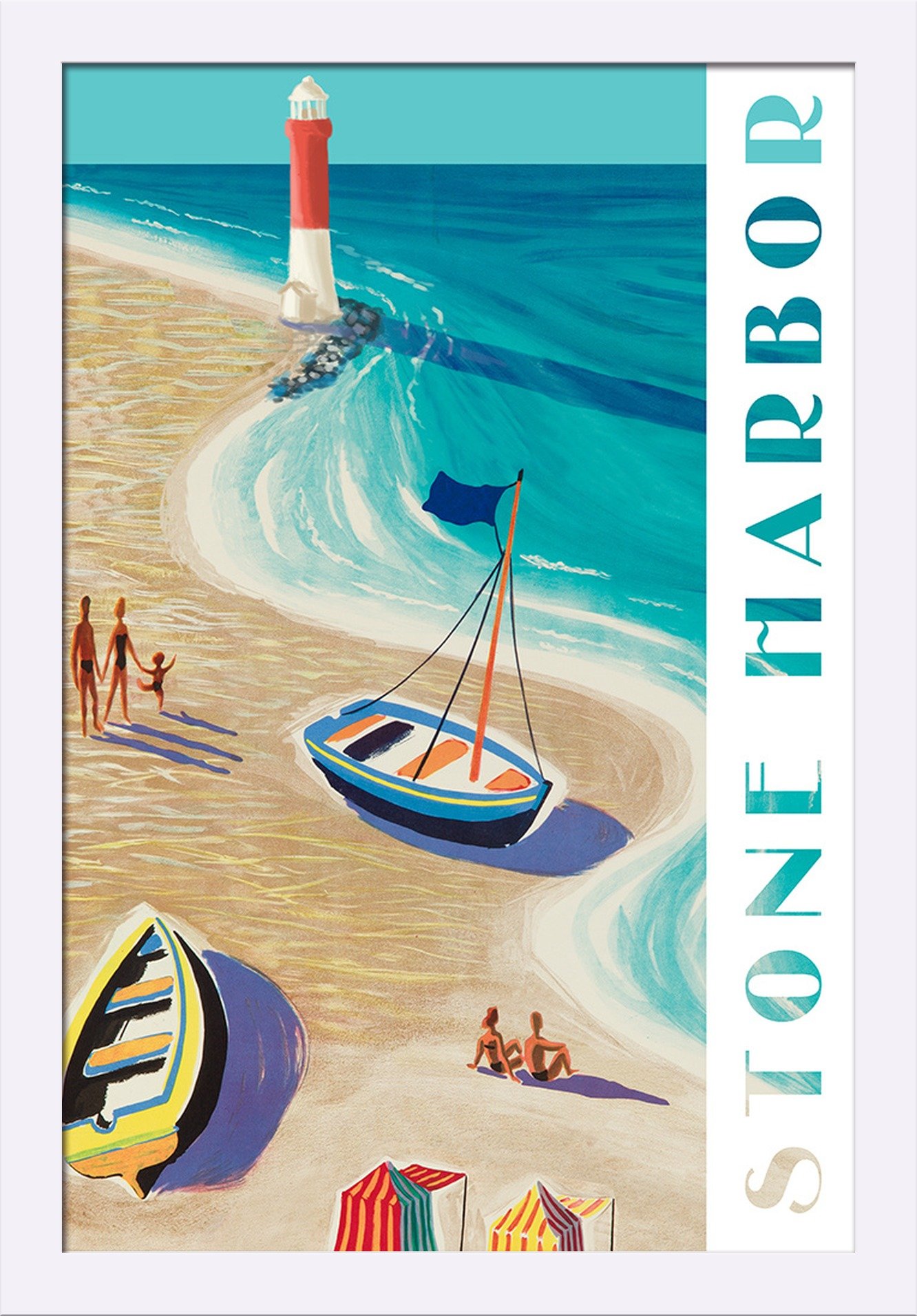 Stone Harbor NJ Vintage Beach Scene - 16x24 Giclee Fine Art Print with Recycled Wood Frame in White | Coastal Wall Decor for Living Room, Bedroom & Office