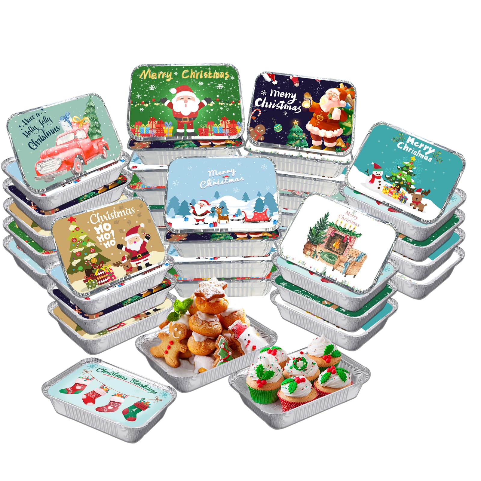 50PCS Christmas Foil Food Storage Containers with Lids - Aluminum Baking Cookie & Leftover Containers for Holiday Treats, Parties, Cooking & Gift Giving | Perfect for Christmas Dinner, Cookie Exchange & Festive Gatherings