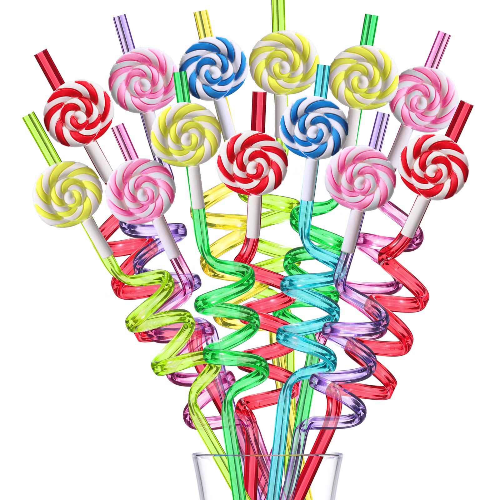 Colorful Reusable Plastic Drinking Straws for Kids - 24 Pack with 2 Cleaning Brushes | Candy Lollipop Theme Birthday Party Supplies, Baby Shower, Pool Party & Summer Celebrations