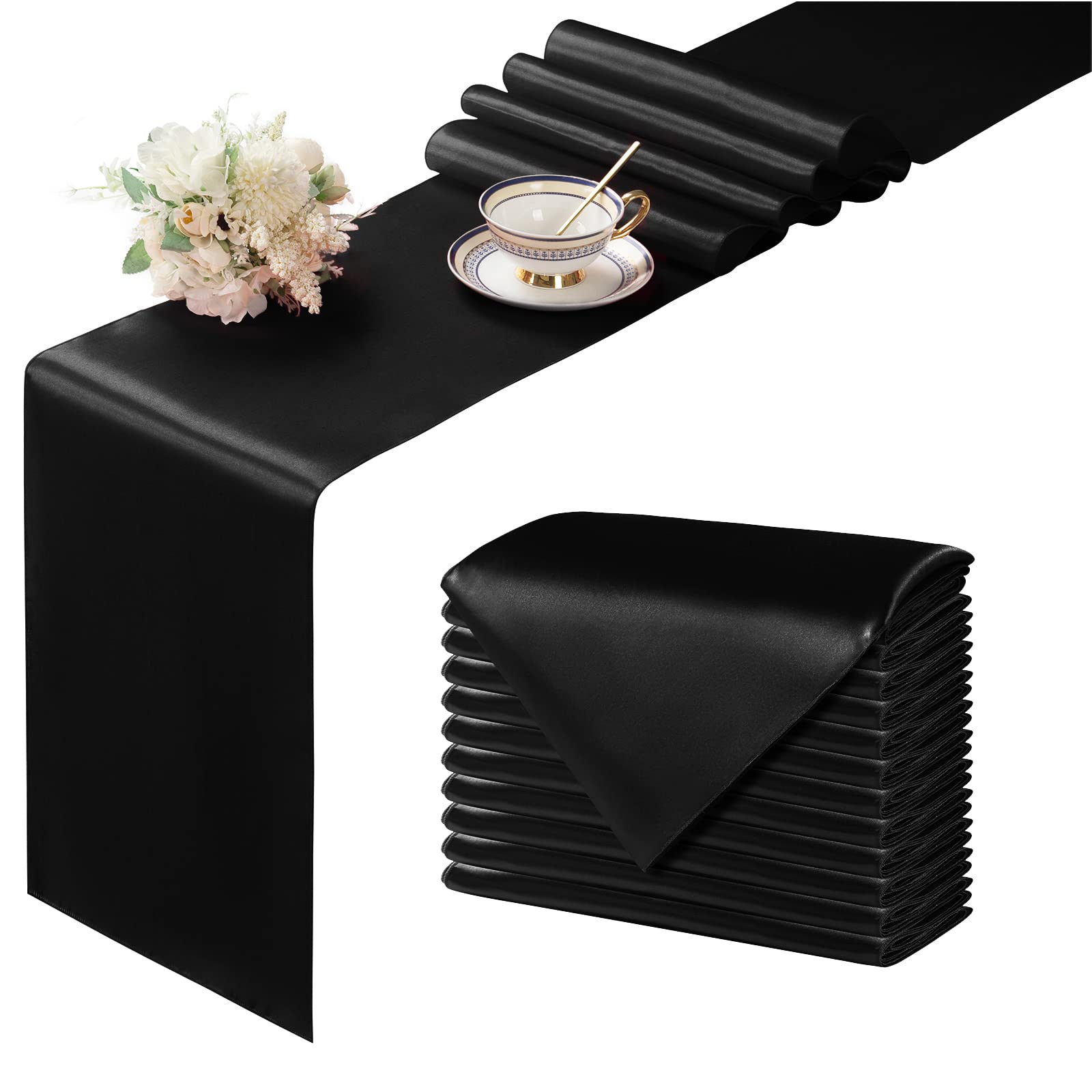 4-Pack Satin Black Table Runners 12x108 Inch - Elegant Long Party Table Decor for Weddings, Banquets, Birthday Buffets & Graduation Dinners | Smooth & Shiny Fabric for Formal Dining Events & Holiday Celebrations
