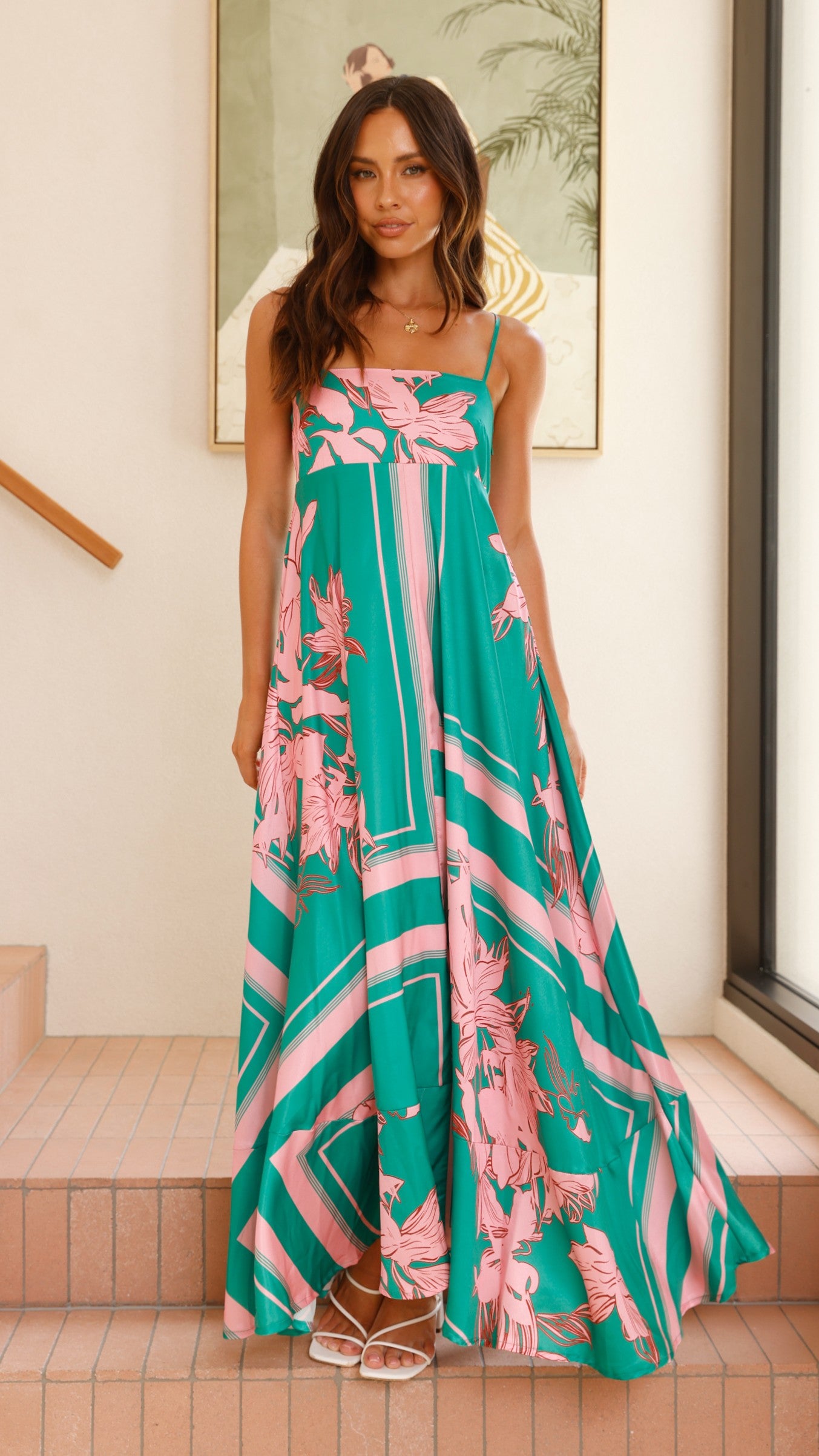 Kaethe Maxi Dress - Green & Pink Floral Summer Dress for Women | Beach Wedding, Vacation, Party Wear
