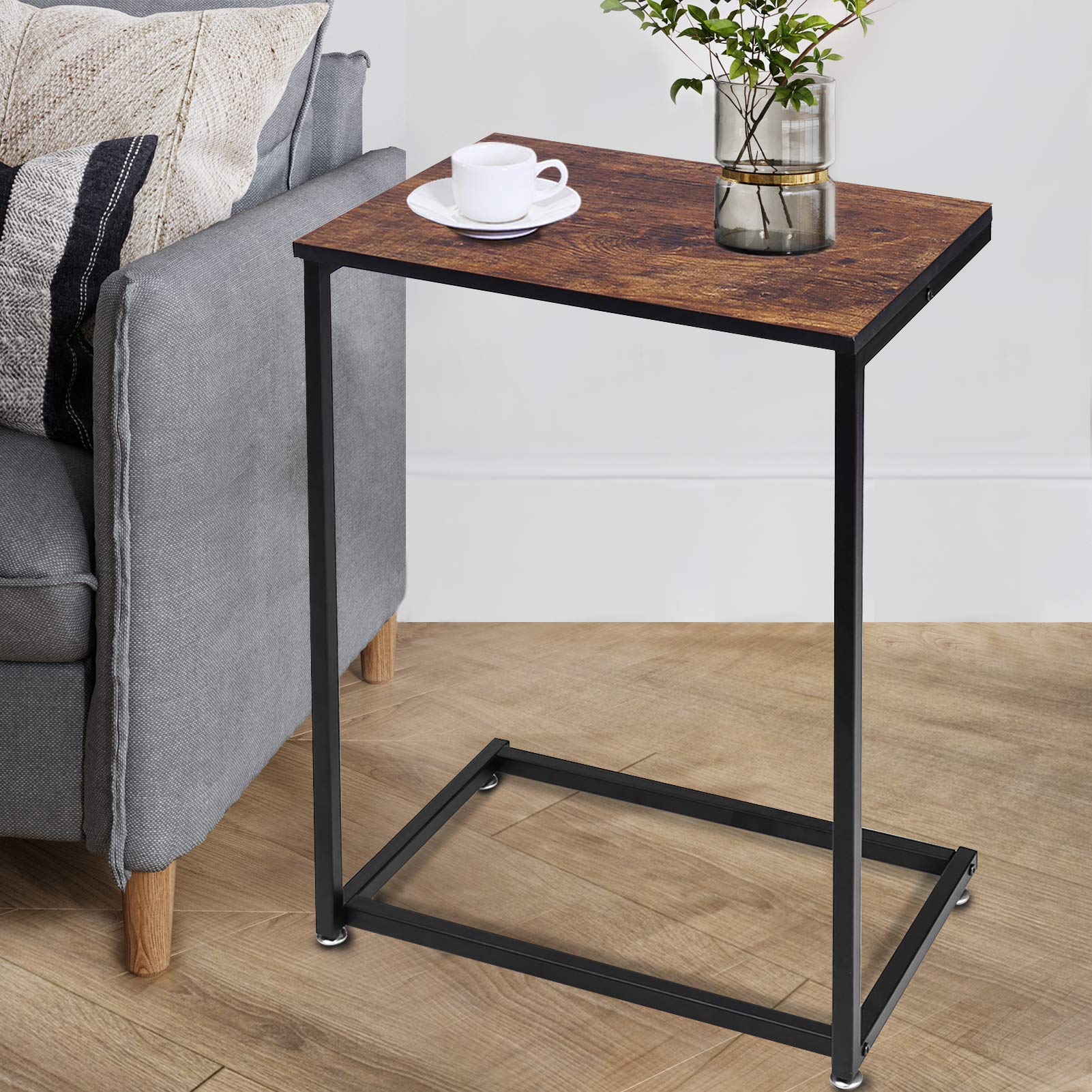 Modern C-Shaped Side Table with Metal Frame & Wood Top - Rustic Brown End Table for Laptop, Coffee & Snacks - Perfect for Living Room, Bedroom & Small Spaces - Ideal as Couch Table, Nightstand or Home Office Accent