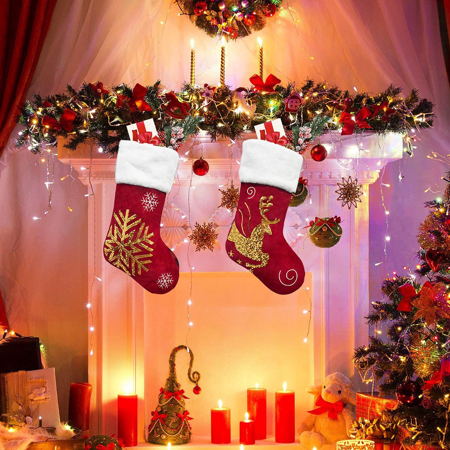 4-Pack Gold Sequins Burgundy Red Velvet Christmas Stockings Set with Snowflake Reindeer Holders - 18 Inch Holiday Decor for Fireplace Mantel, Xmas Tree, Gift Bags & Festive Home Decorations