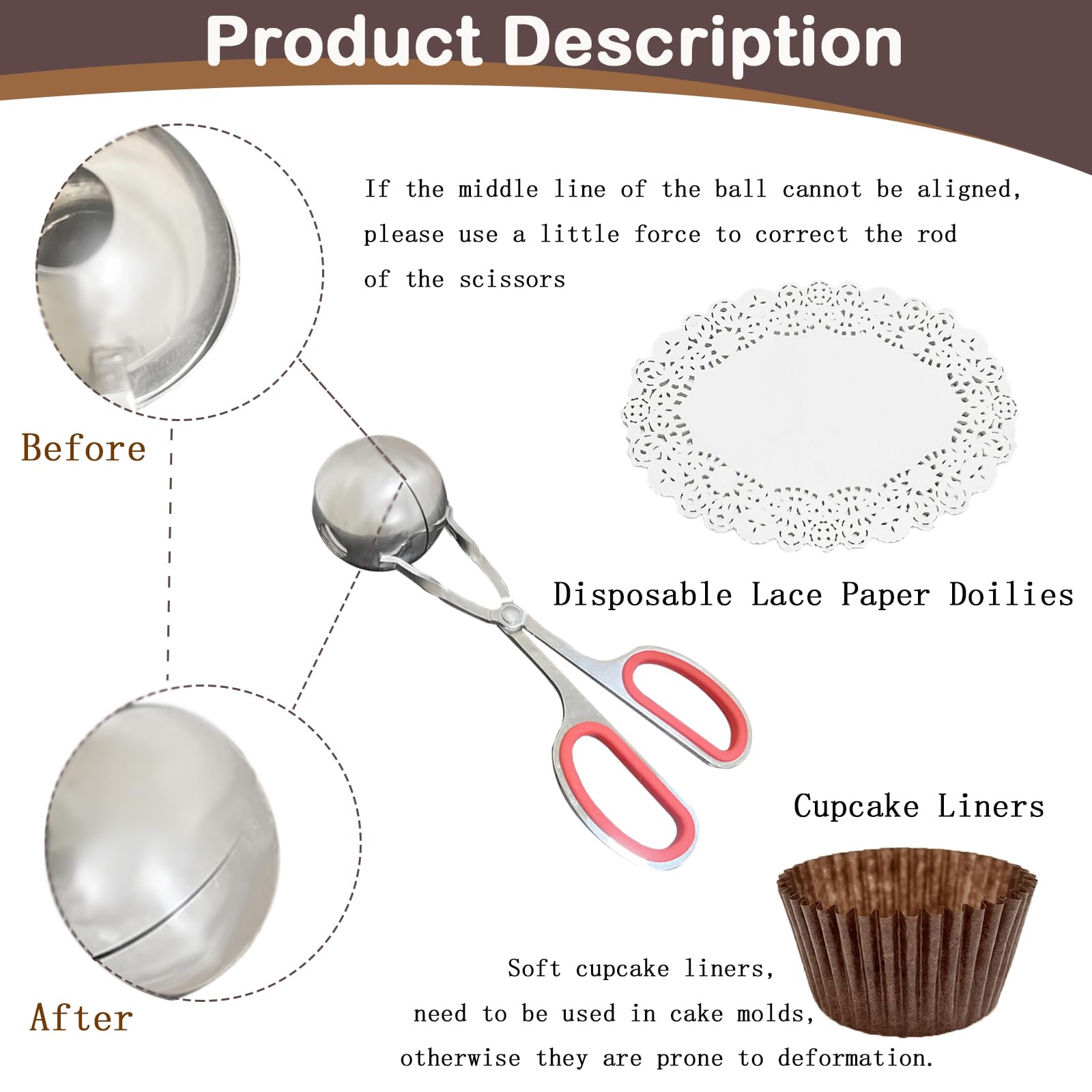 502Packs Non-Stick Meatball Maker Set - 2Pcs Meat Baller Tongs & Cake Pop Roller Tool with 100Pcs Lace Paper Doilies & 400Pcs Cupcake Liners - Perfect for Homemade Meatballs, Cake Pops, Party Food Prep & Baking Accessories