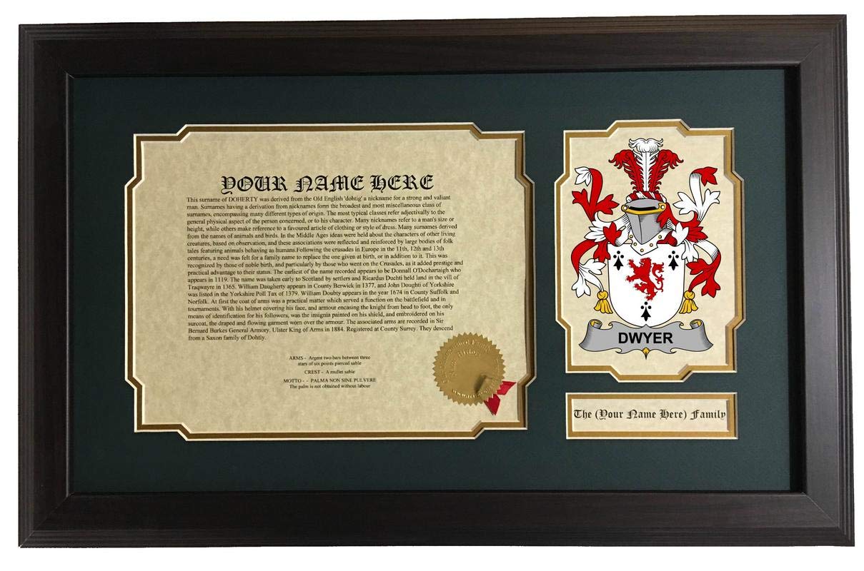 Dwyer Family Crest Coat of Arms - Framed Irish Surname History Display 14x22 Inches - Perfect for Home Decor, Office Wall Art & Genealogy Gifts