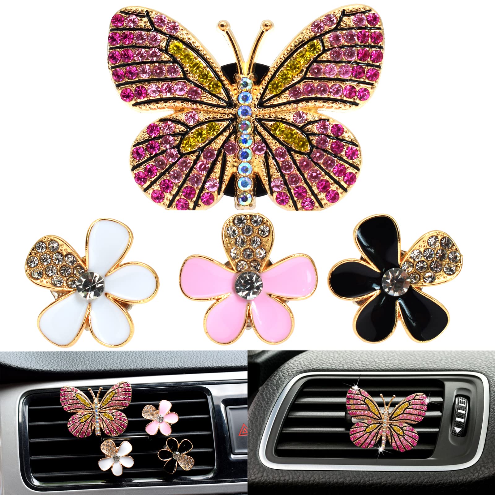 4PCS Bling Butterfly Car Air Vent Clips - Pink Butterfly & 3 Flower Decorations, Aromatherapy Air Freshener for Women - Perfect for Car Dashboard Decor & Home Fragrance