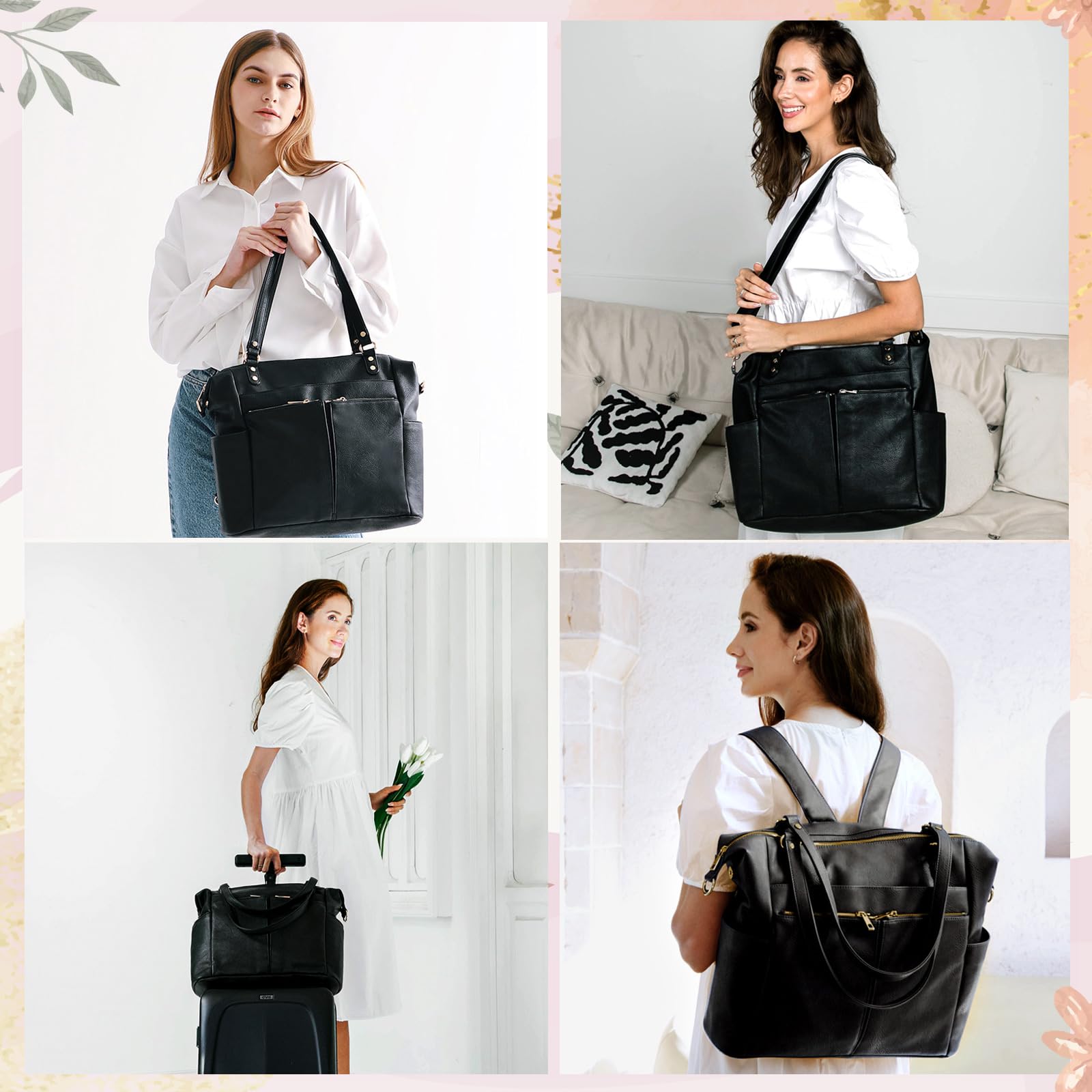 Premium Leather Diaper Bag Backpack for Moms - Large Tote with 14 Pockets, Insulated Compartments & Changing Pad | Convertible Baby Bag for Travel, Daycare & On-the-Go Parenting (Black)