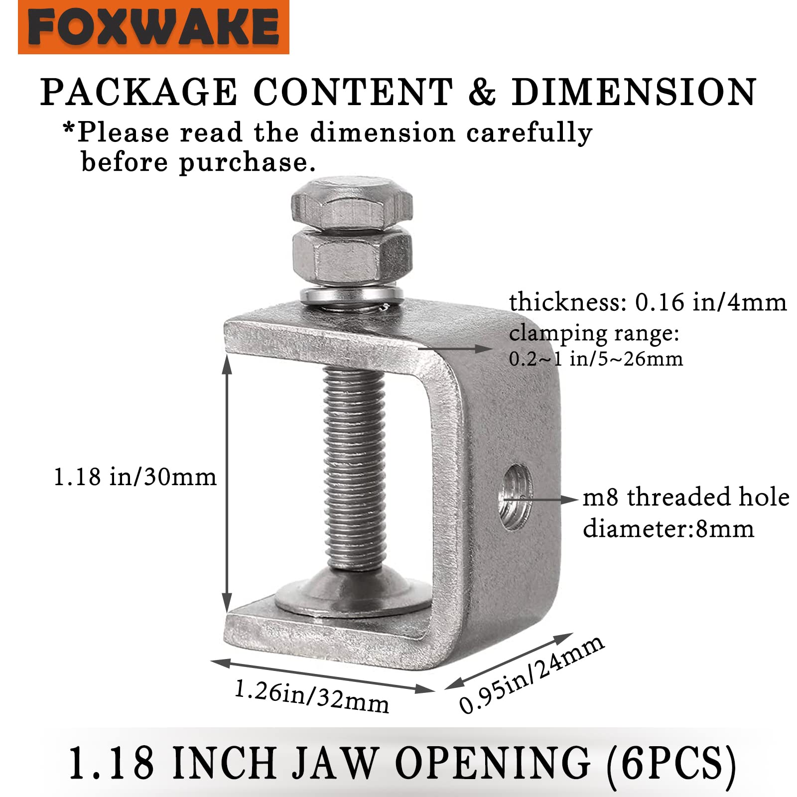 Heavy Duty 1 Inch Stainless Steel C Clamps - 6 Pack Small Metal U Clamps for Mounting & Metal Working with Wide Jaw Opening, Protective Pads & I-Beam Design - Perfect for DIY Projects, Woodworking, and Home Workshop Use