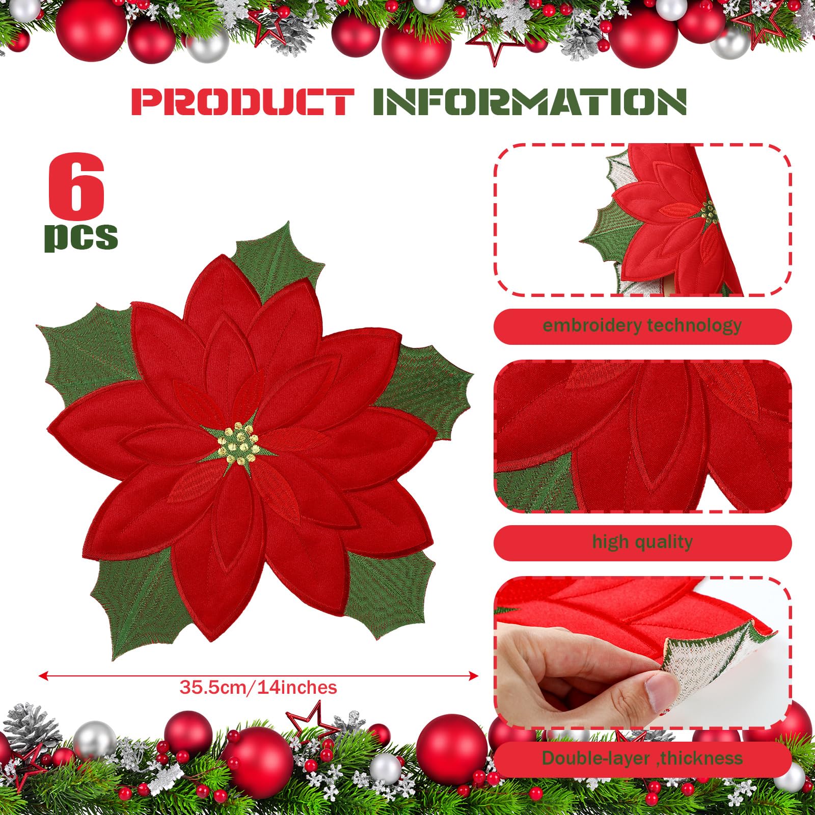 6 Pcs Christmas Poinsettia Embroidered Placemats - Double Layer Holiday Table Mats with Red Applique for Dining Table Decor, Christmas Party, and Festive Home Decoration