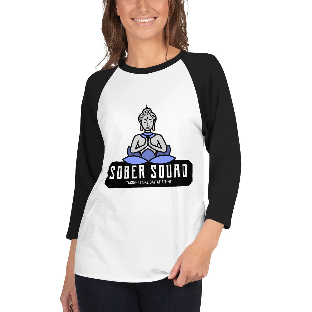 Sober Squad 3/4 Sleeve Raglan T-Shirt with Meditative Buddha Print - Yoga, Meditation & Mindfulness Apparel for Men & Women