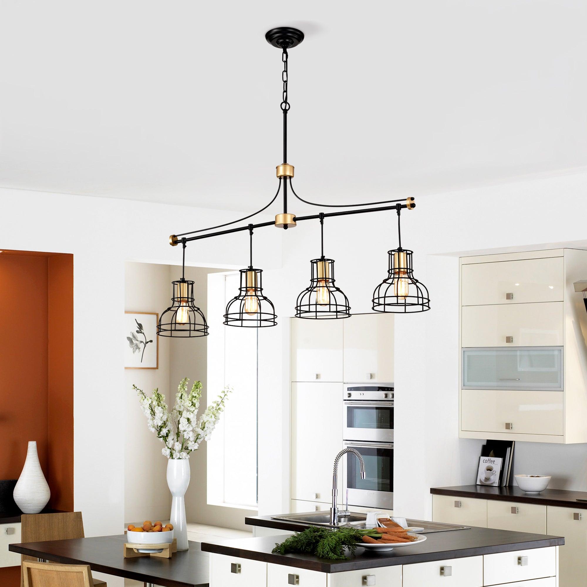 40 Inch Farmhouse Linear Chandelier - Matte Black & Gold Hanging Light Fixture with Metal Lampshade for Dining Room, Kitchen Island & Table Lighting | Rustic Home Decor, Modern Farmhouse Interior Design