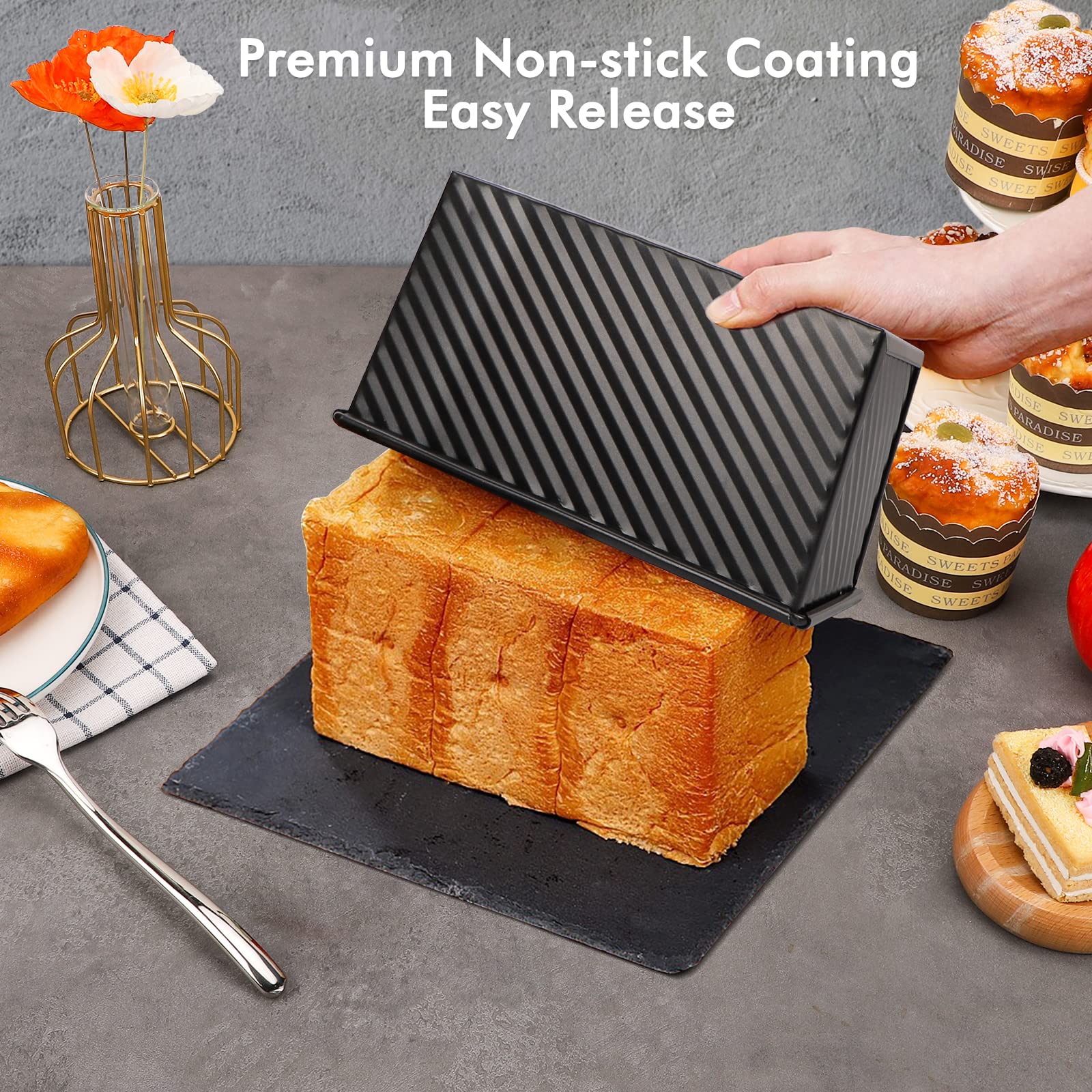 Beasea 2-Pack Pullman Loaf Pan with Lid - 1 lb Non-Stick Carbon Steel Bread Baking Pan for Homemade Bread, Perfect for Sandwich Loaves, Artisan Bread & Toast - Ideal for Home Bakers & Commercial Kitchens
