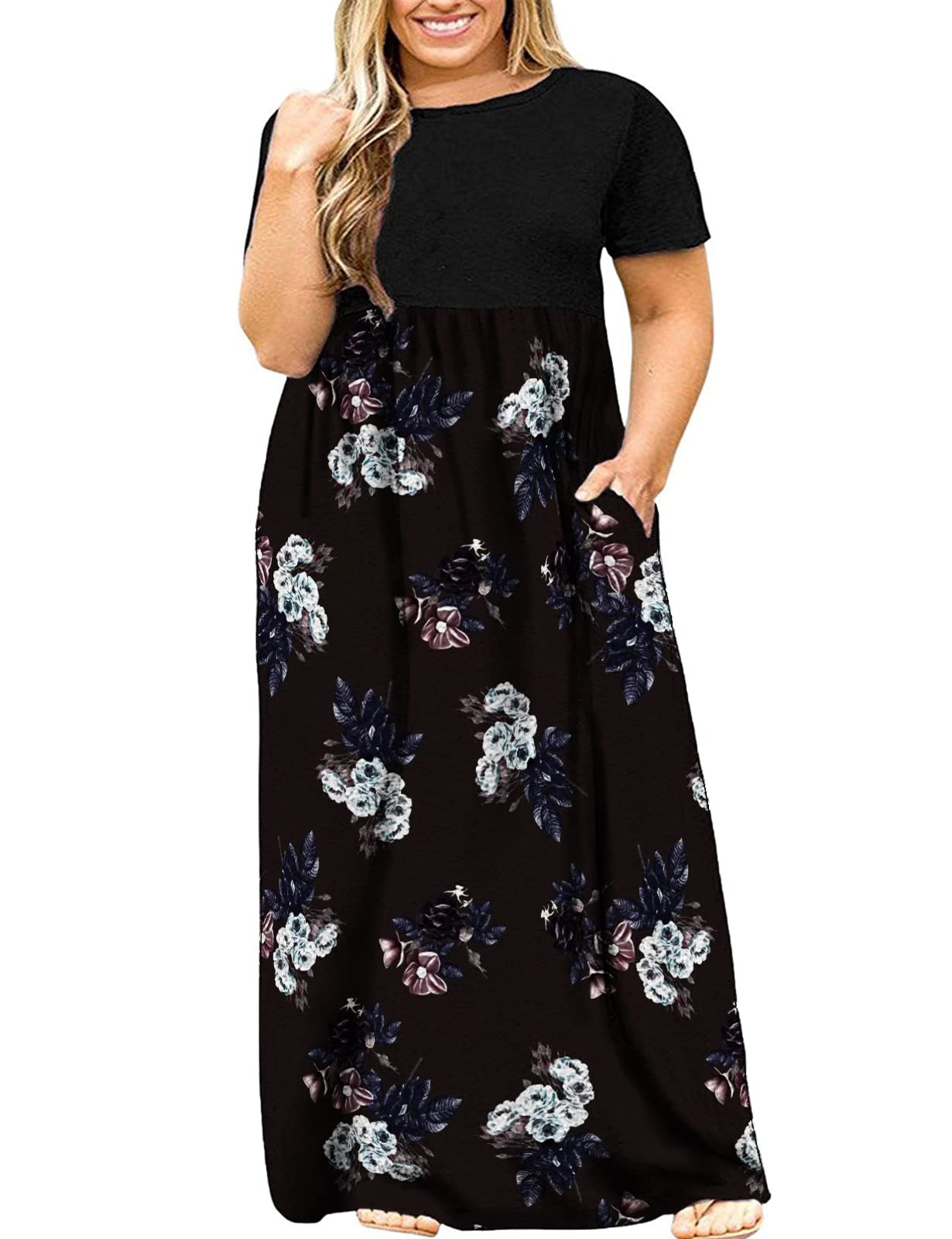 Plus Size Maxi Dress for Women - Short Sleeve Loose Summer Dress with Pockets | Casual Flowy Beach Dress for Vacation, Outdoor & Everyday Wear