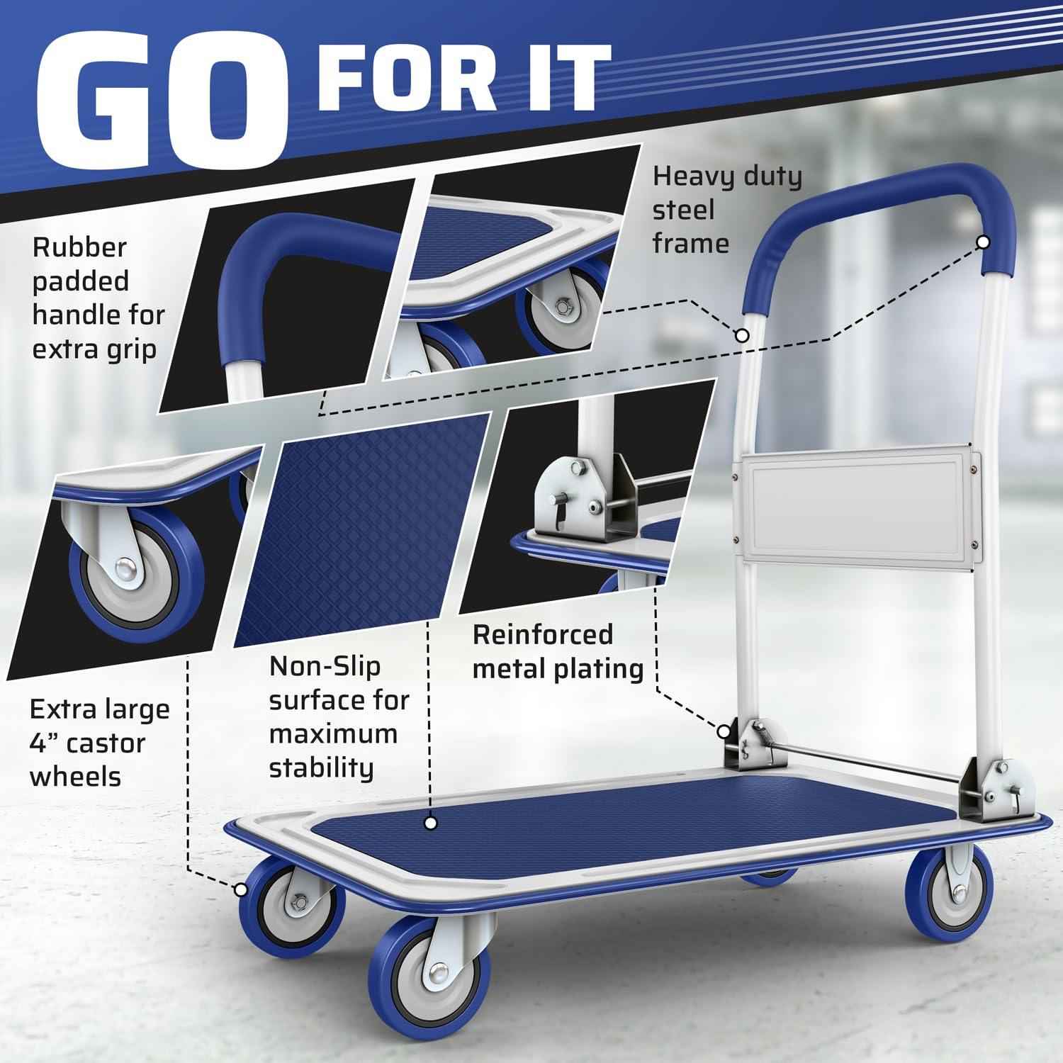 Heavy Duty Foldable Push Cart Dolly with 330 lbs Capacity - Collapsible Hand Truck with Swivel Handle & Flat Bed Wagon - Space Saving Moving Platform for Home, Office & Warehouse (Blue) - Perfect for Moving Boxes, Groceries & Heavy Loads
