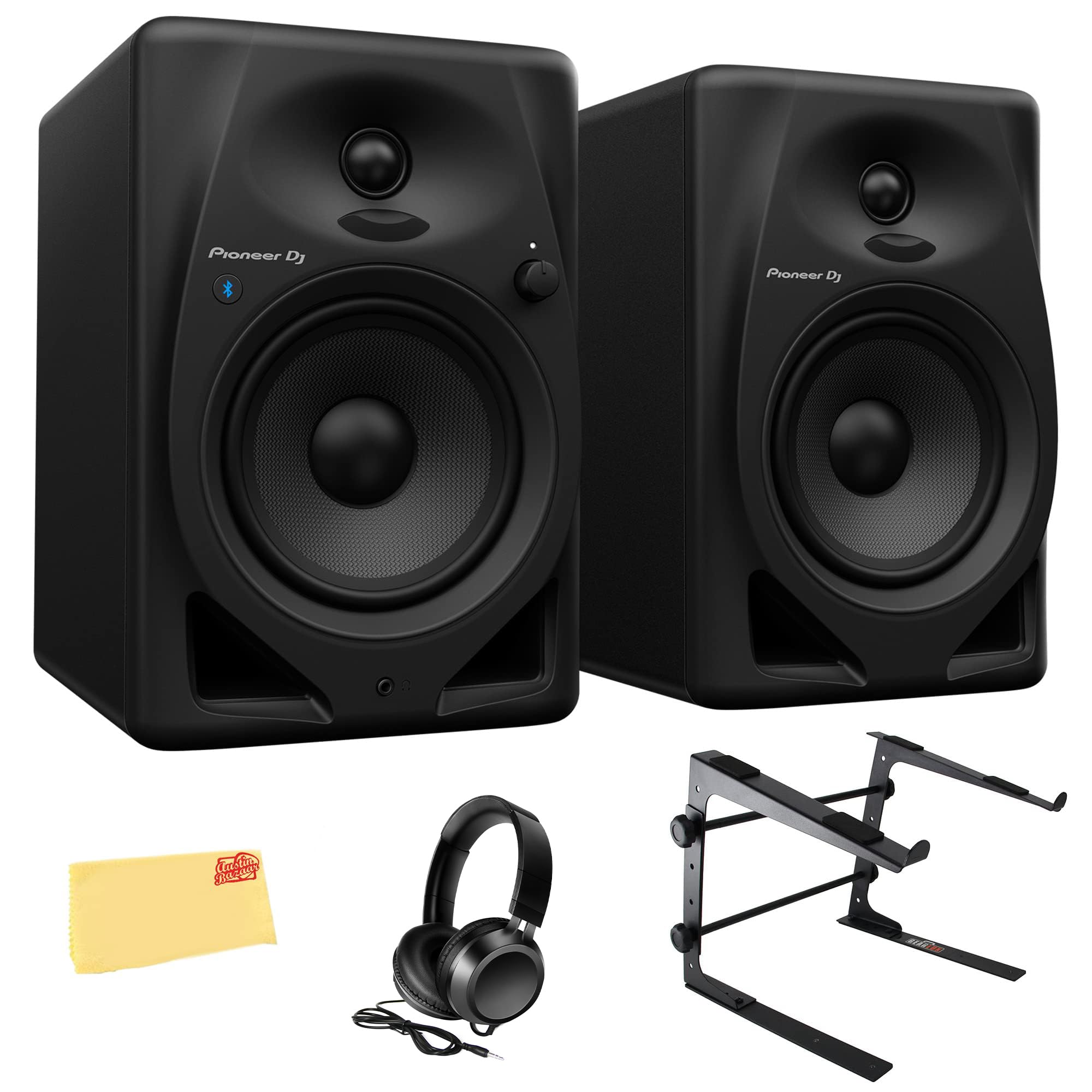 Pioneer DM-50D-BT 5-Inch Bluetooth Studio Monitor Bundle with Headphones, Laptop Stand & Polishing Cloth - Perfect for Home Recording, Music Production & Podcasting