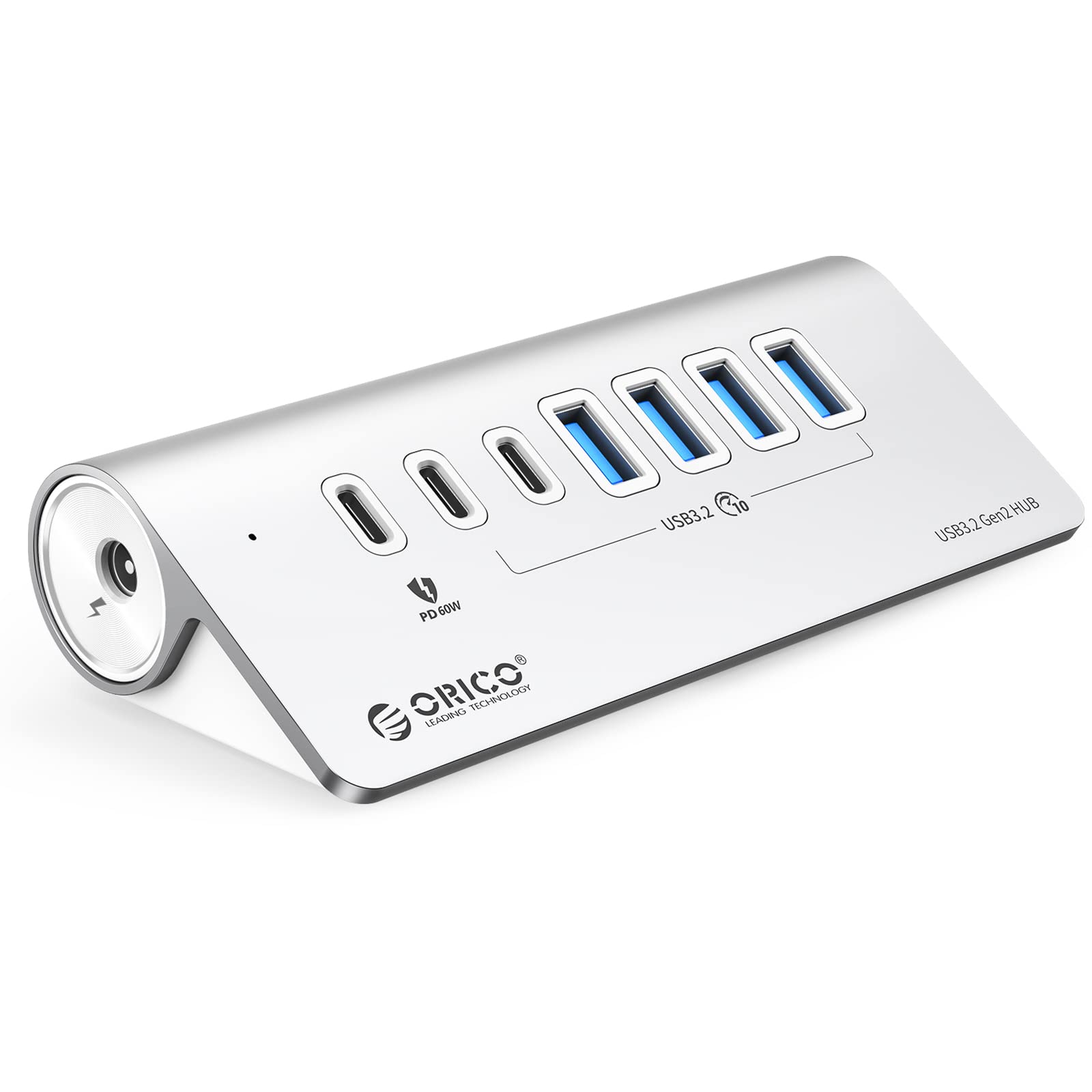 ORICO 7-Port USB 3.2 Gen 2 Hub with 60W PD Charging - 10Gbps High-Speed Data Transfer, 24V 3A Power Adapter, 1.64ft USB C to C Cable & USB-A Adapter - Aluminum USB Hub for Laptop, PC, MacBook Pro/Air, Gaming Setup & Home Office Workstation