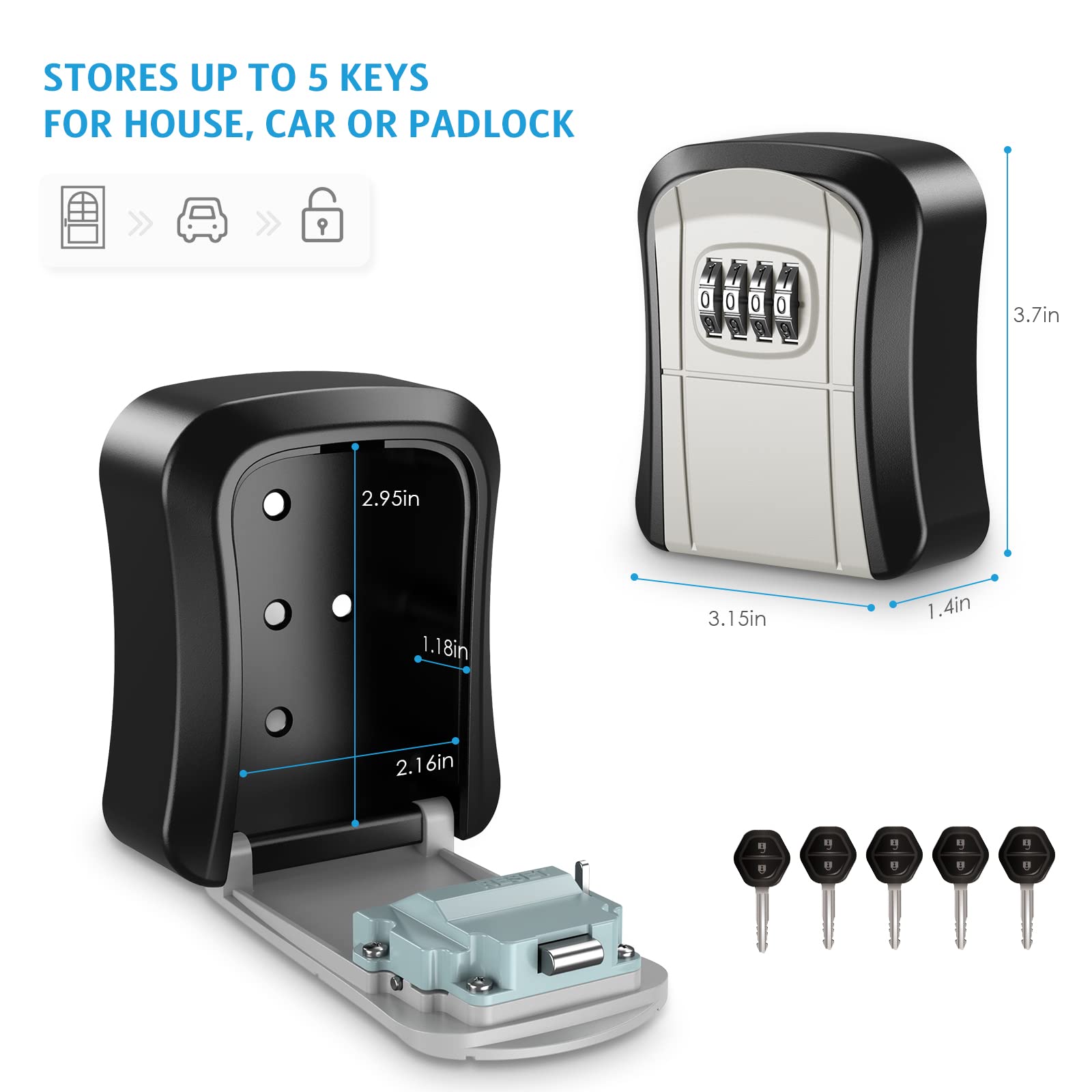 4-Digit Combination Key Lock Box - Wall Mounted, Waterproof & Portable Key Storage with Resettable Code for House Keys | Secure Outdoor & Indoor Use (3.7 Inch) - Perfect for Home, Office, Vacation Rentals & Airbnb